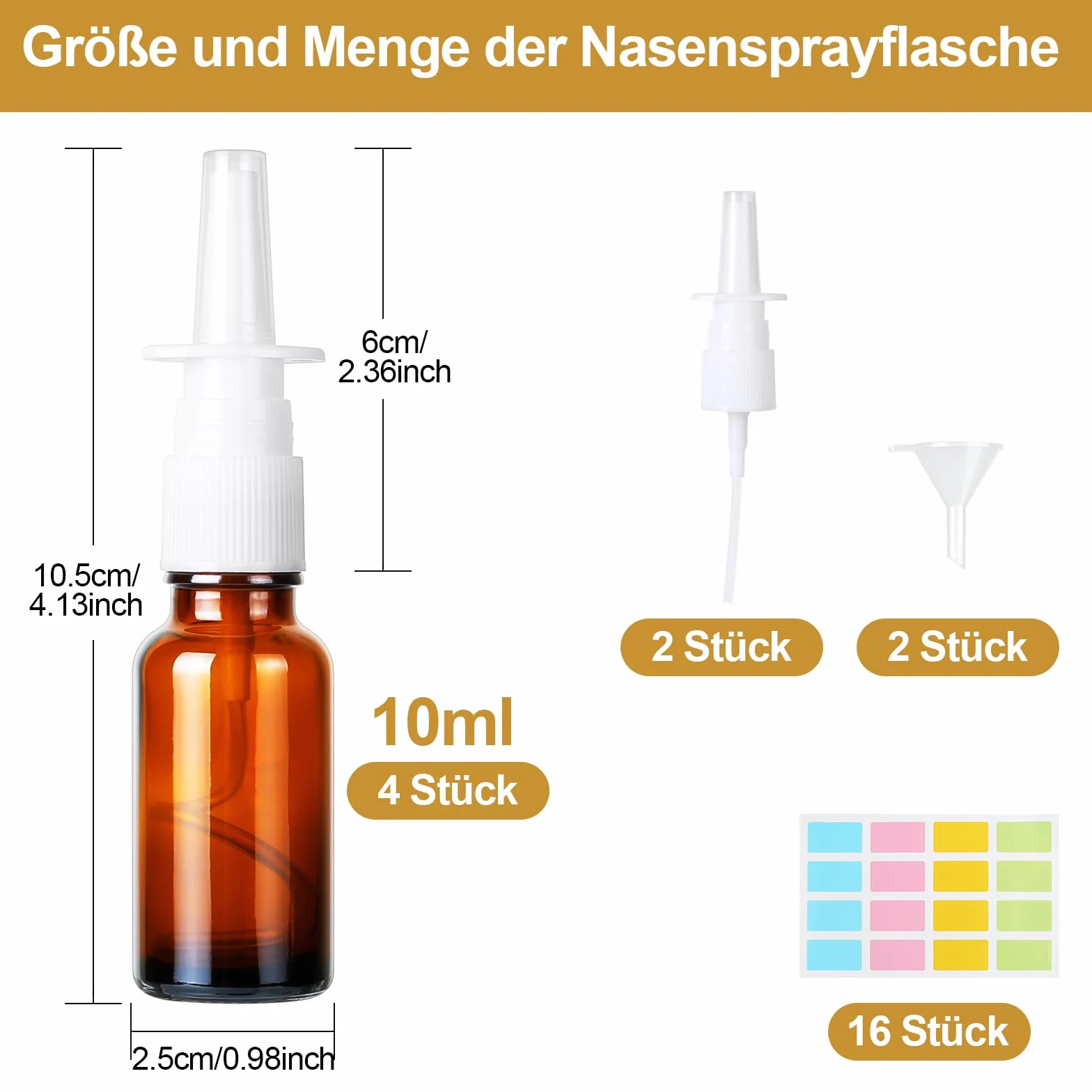 Nasal Spray Bottles 10ml Ámbar Vidrio Pulverizador Nasal Vacío con Embudos Pegatinas 4 Piezas