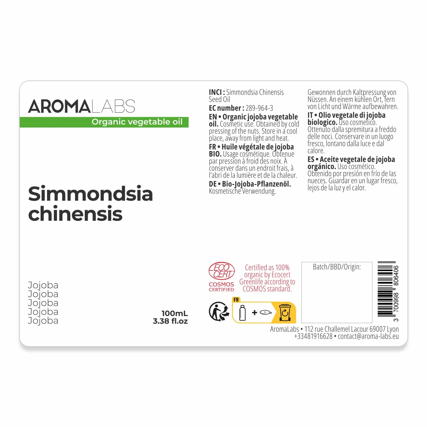 Aceite de Jojoba BIO 100 mL Aceite Vegetal Virgen Cosmos Aroma Labs
