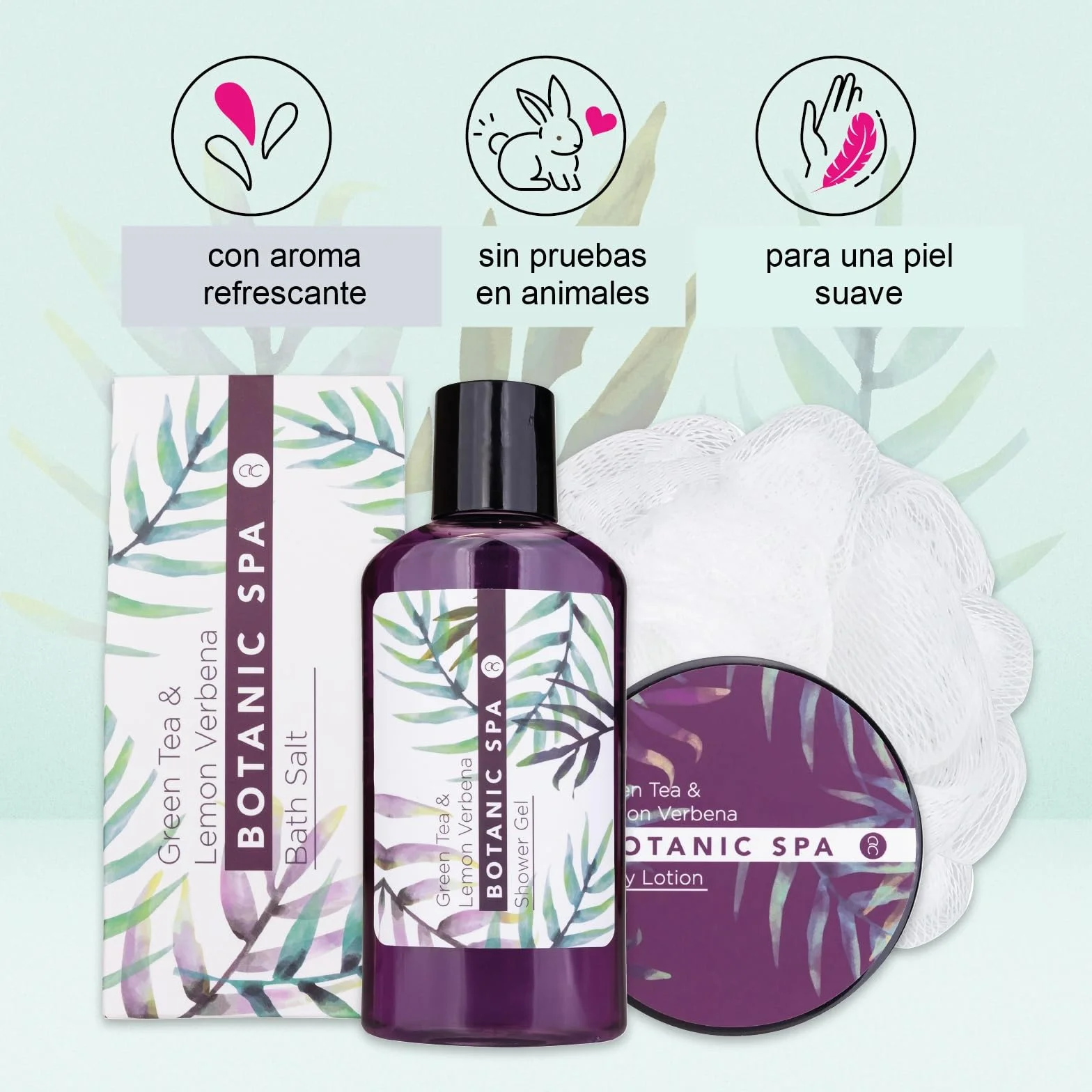 Accentra Botanic SPA Set de Baño Mujer Cesta Hierba Marina Kit Tratamiento 4 Piezas Gel Ducha Sales Baño Loción Corporal Esponja Malla Regalo Bienestar