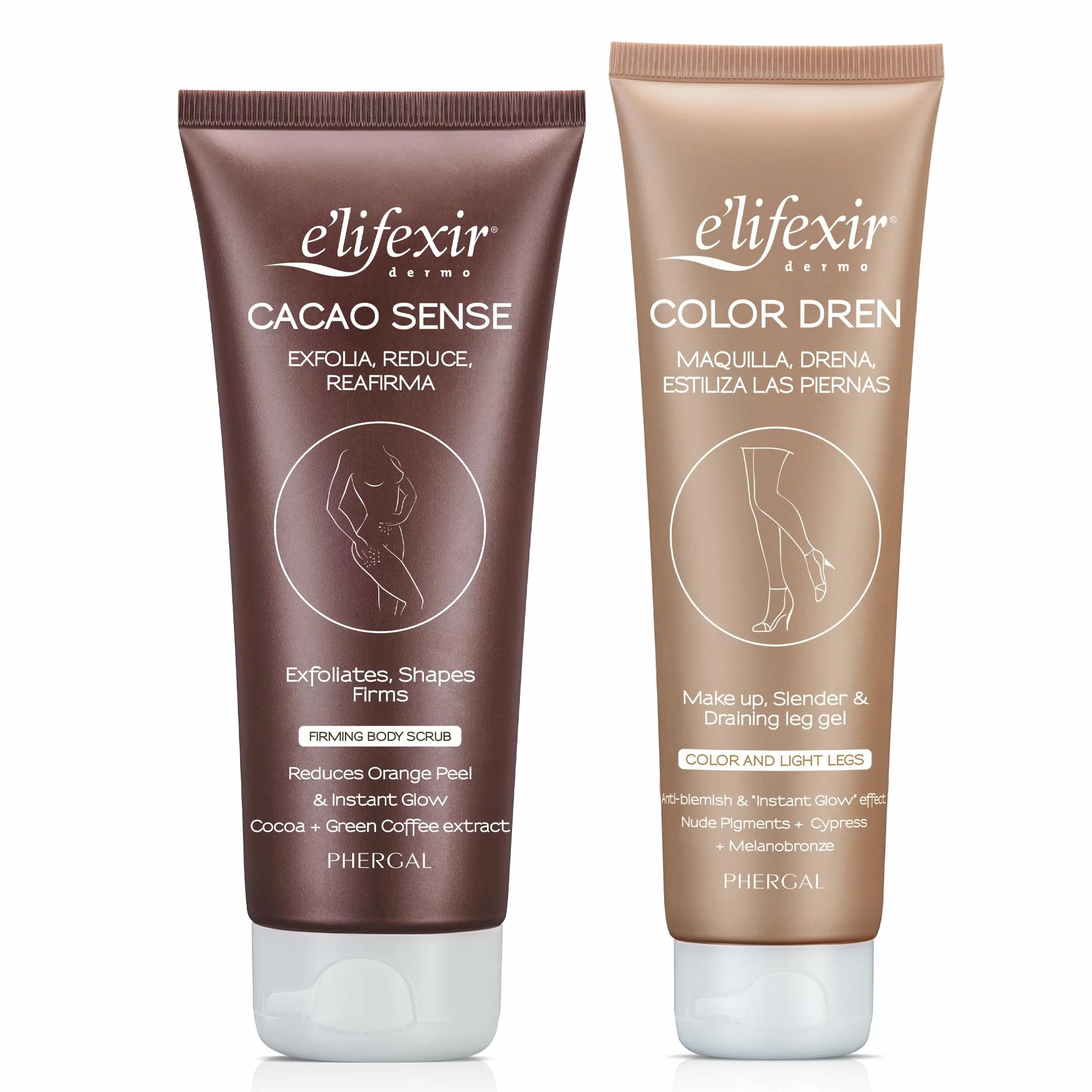 Elifexir Pack Cacao Sense + Color Dren | Exfoliante Corporal, Reductor y Reafirmante + Maquillaje para Piernas
