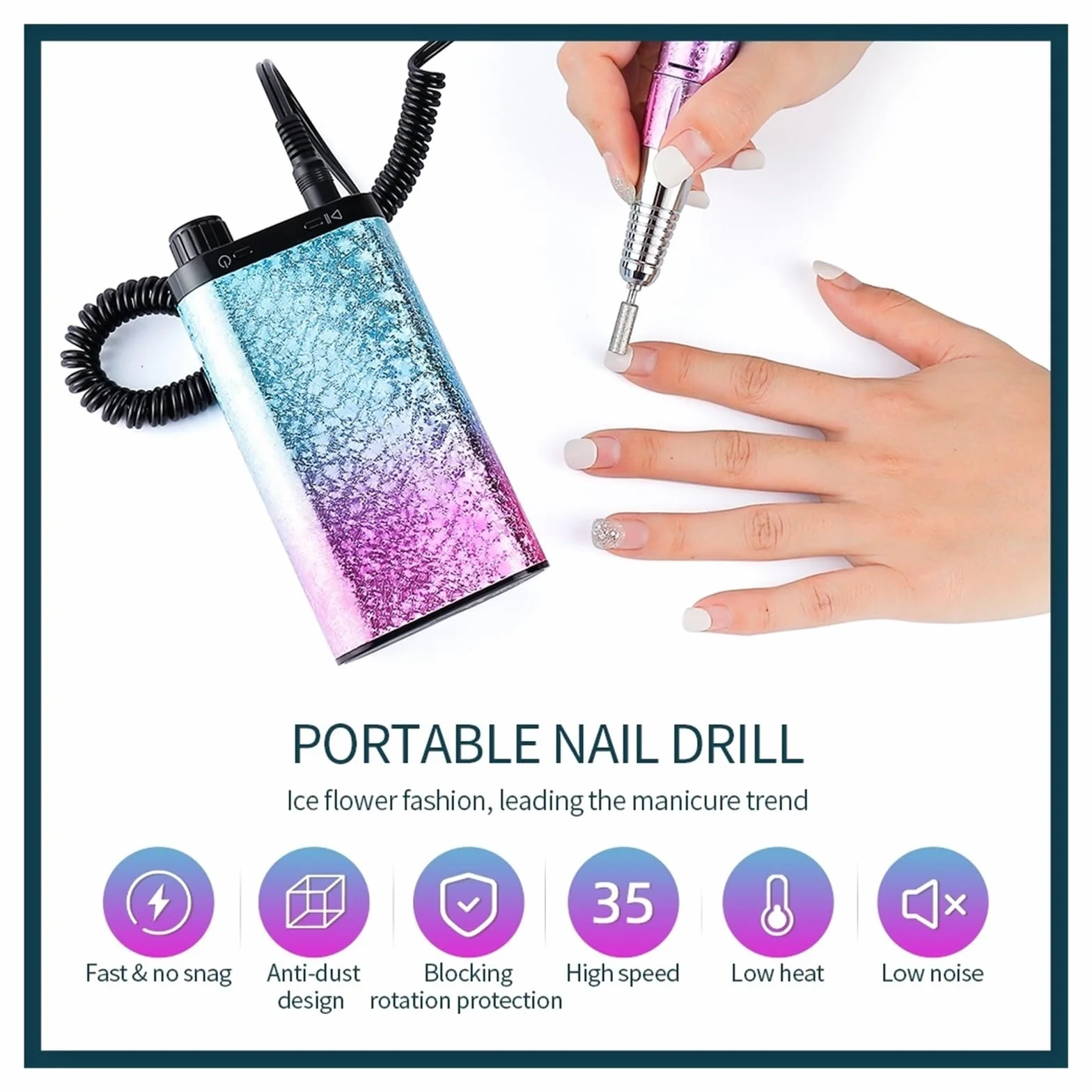 Torno de Uñas Eléctrico, Taladro de uñas inalámbrico, cortador de fresado de taladro de uñas de 35000 RPM, pulidor de uñas recargable, equipo de manicura de arte de uñas amoladora(Blauw)