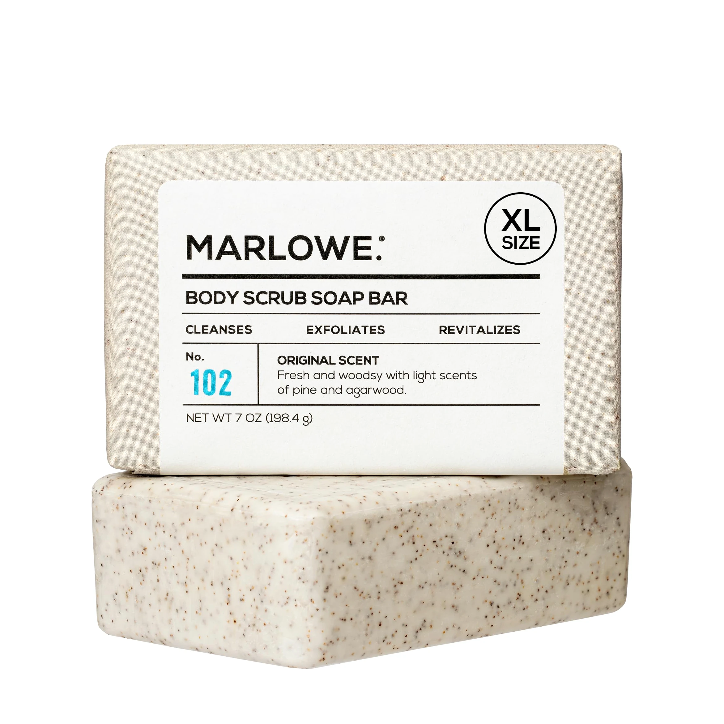 MARLOWE. No. 102 Jabón exfoliante corporal para hombre, 7 onzas, la mejor barra exfoliante para hombres, fabricado con ingredientes naturales, extracto de té verde, increíble aroma