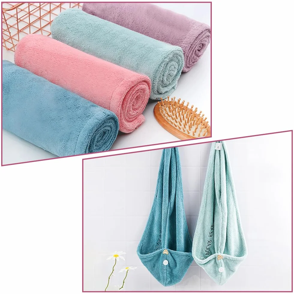 Toalla Pelo con Botones Turbante Superabsorbente Mujeres Secar Cabello Felpa Coral