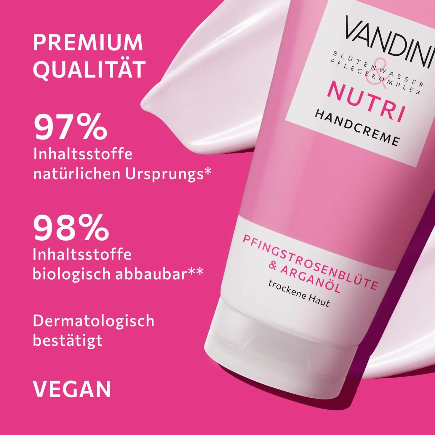 VANDINI NUTRI Crema de manos para mujer, 6 unidades, 75 ml, con flor de peonía y aceite de argán, crema de manos para piel seca, vegana, sin parabenos ni siliconas, dermatológicamente probada