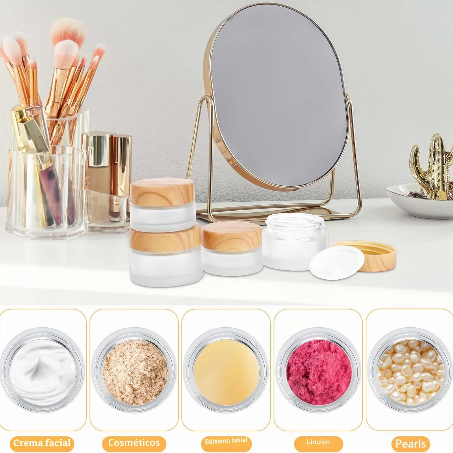 Frasco de vidrio esmerilado 12 piezas 20 ml 30 ml con tapa de veta de madera para cremas lociones maquillaje