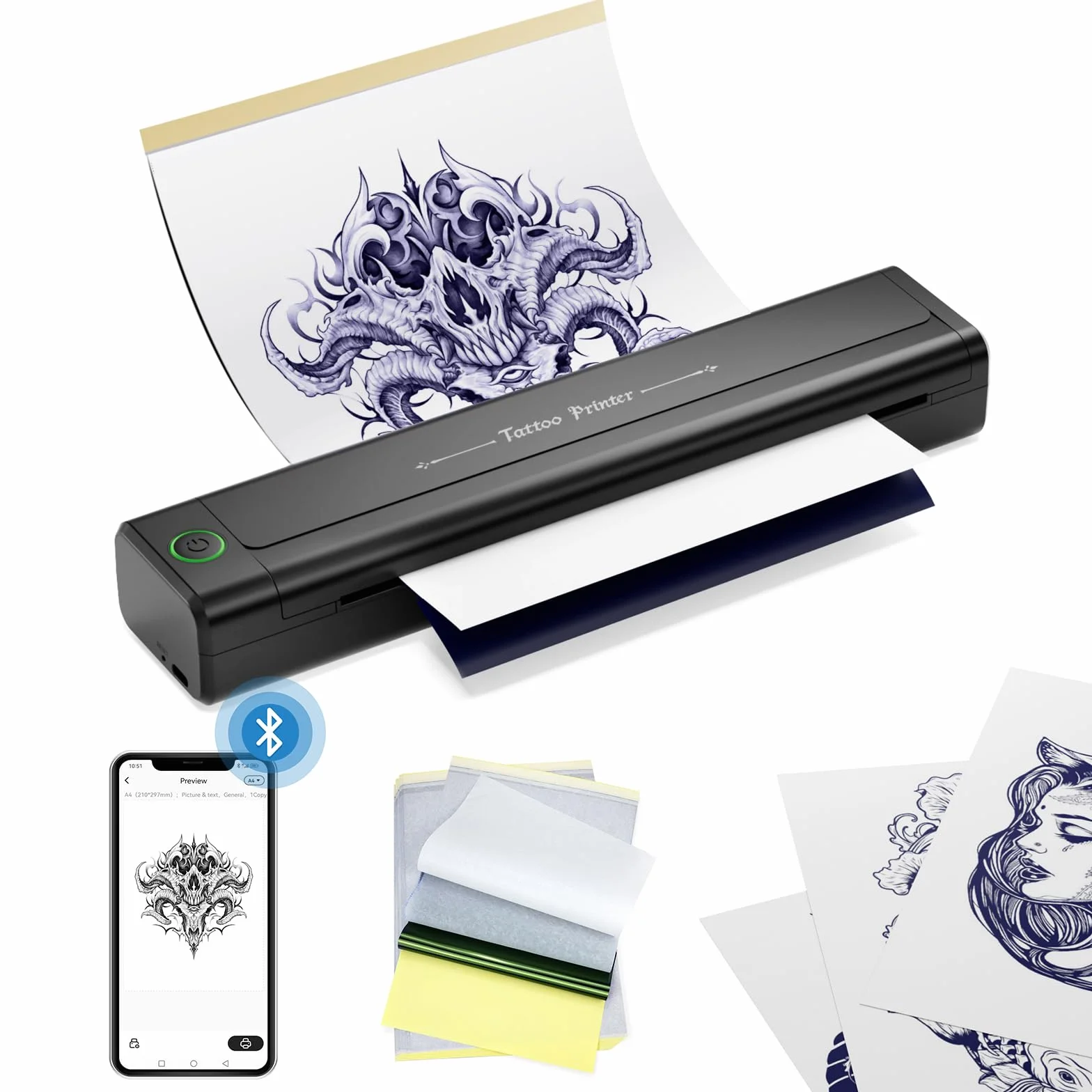 H1 Termocopiadora Tattoo Bluetooth, Impresora Térmica Inalámbrica con 10 Hojas Papel de Transferencia, Impresora de Tatuaje Compatible con Teléfono Tablet PC para Artistas y Principiantes