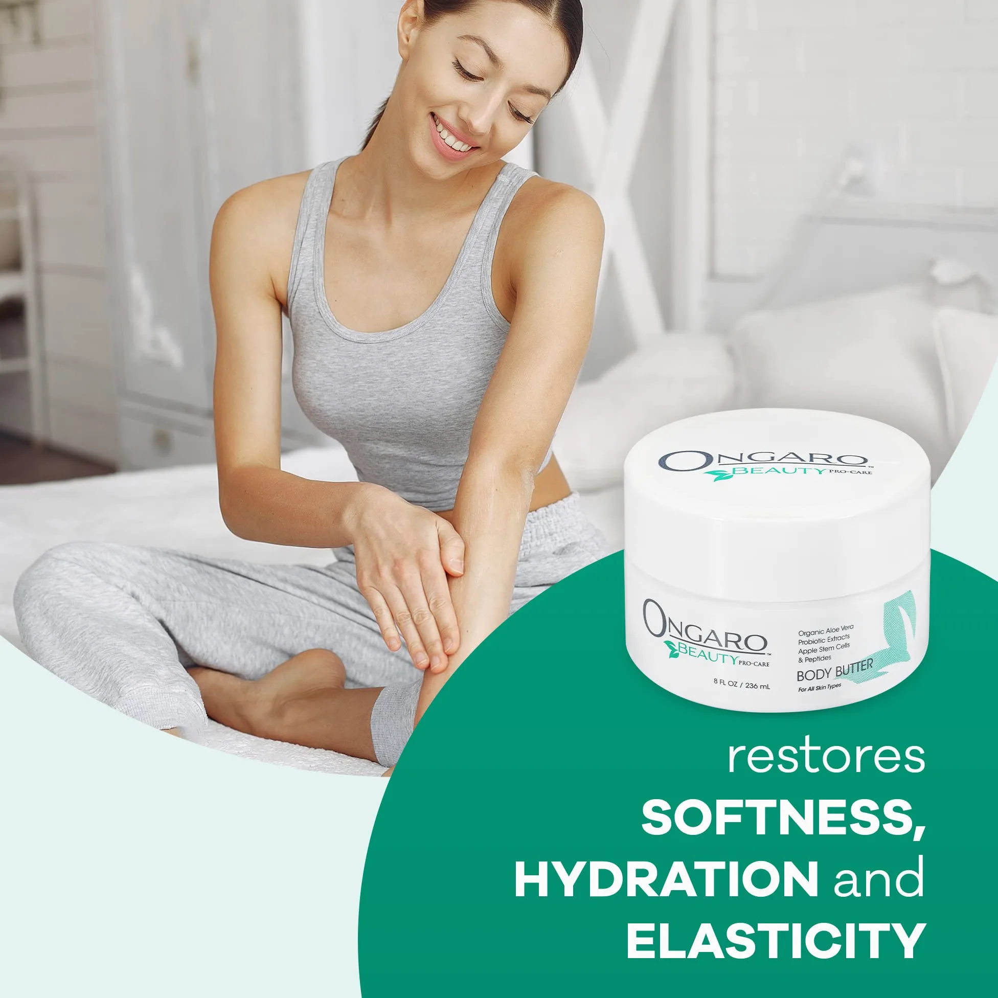 La Manteca Corporal Orgánica de Ongaro Restaura, Suaviza e Hidrata la Piel Seca, Aroma Fresco y Limpio; con Tecnología Probiótica, Aloe Vera, Células Madre de Manzana, Péptidos y Vitamina C y E; 8 oz