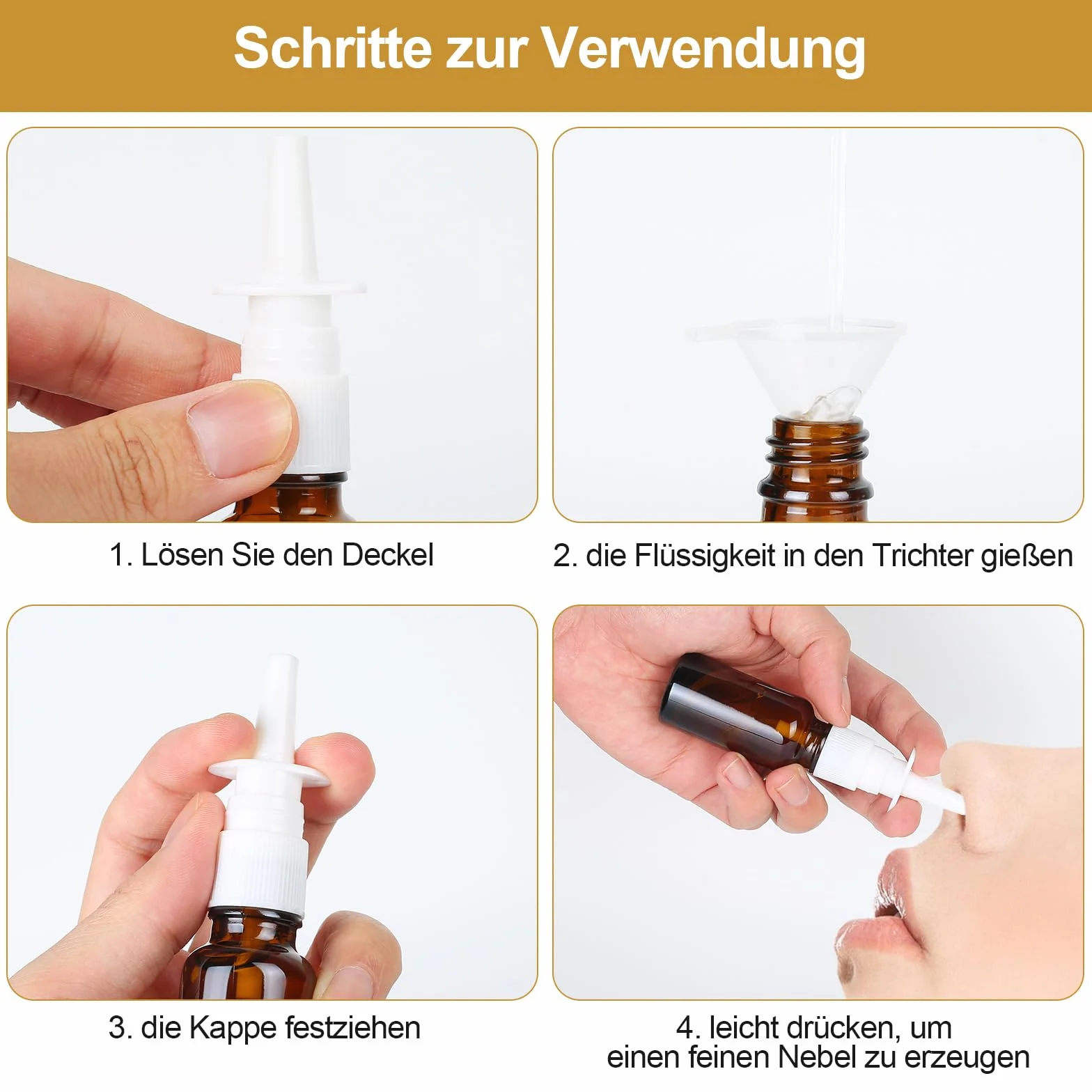 Nasal Spray Bottles 10ml Ámbar Vidrio Pulverizador Nasal Vacío con Embudos Pegatinas 4 Piezas