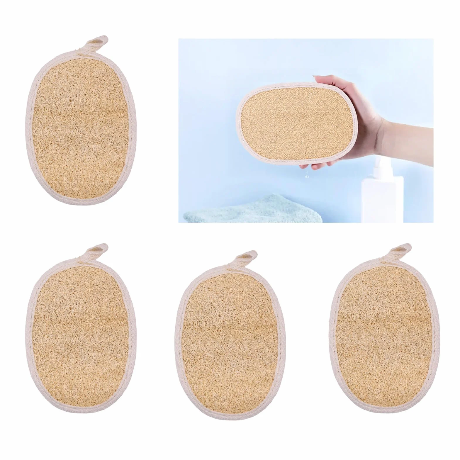 Esponjas exfoliantes de lufa natural para baño y ducha, pack de 4, 14,5 x 10 cm, respaldo de algodón