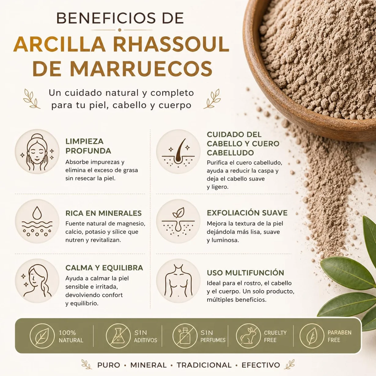 Arcilla Rhassoul Ghassoul de Marruecos 100% Pura – Polvo de Arcilla Volcánica Natural para Rostro, Cabello y Cuerpo – 100 g
