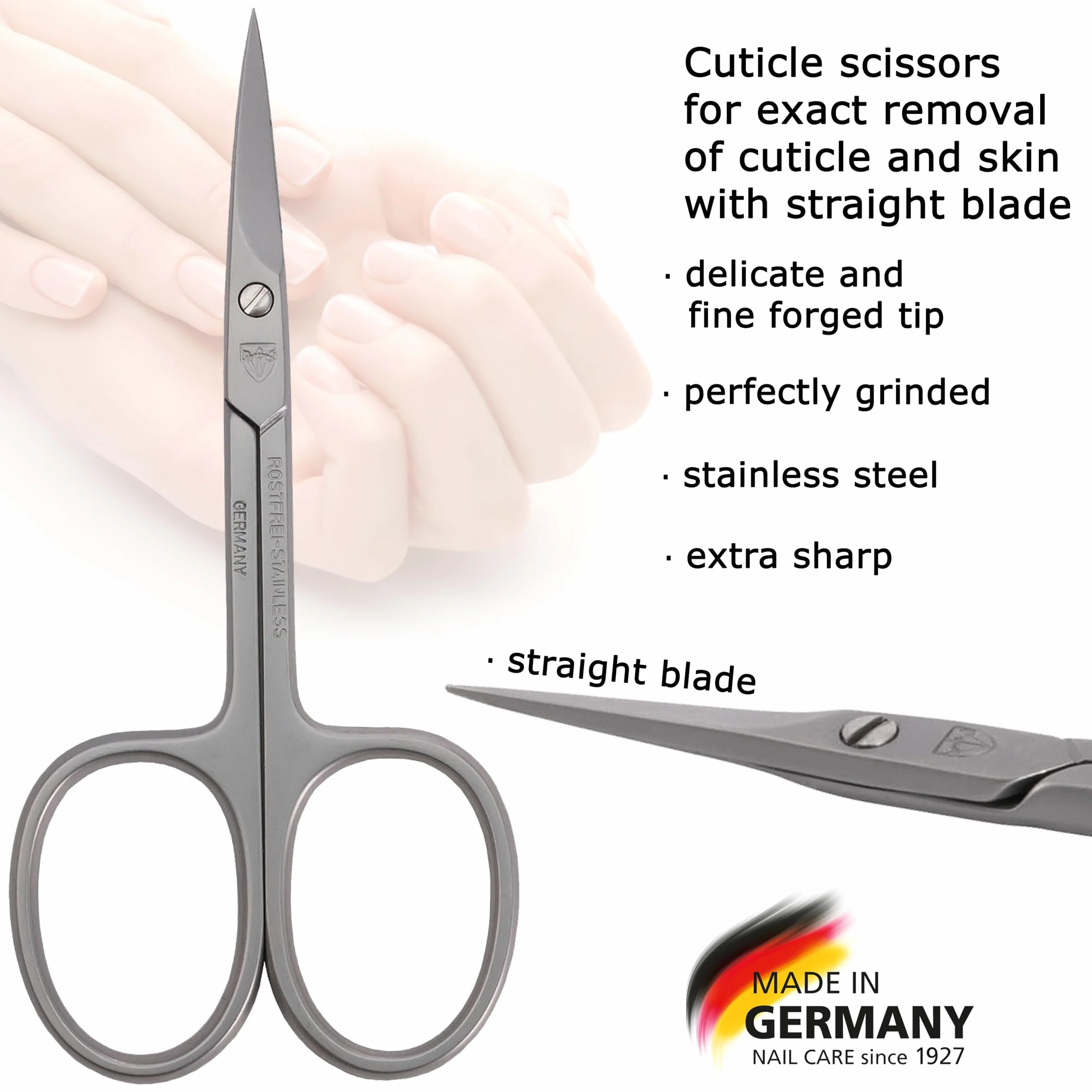 3 Swords Germany Tijeras rectas para cutículas de acero inoxidable inox (1 unidad) con estuche para manicura y pedicura - Cuidado de uñas por 3 Swords - Fabricado en Alemania