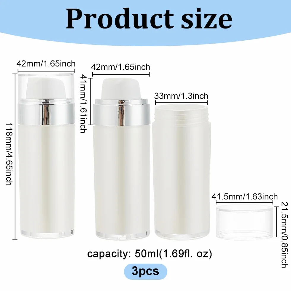 BENECREAT 3 Piezas Botellas de Viaje con Bomba Sin Aire 50 ml, Envases Cosméticos Portátiles Acrílico Blanco