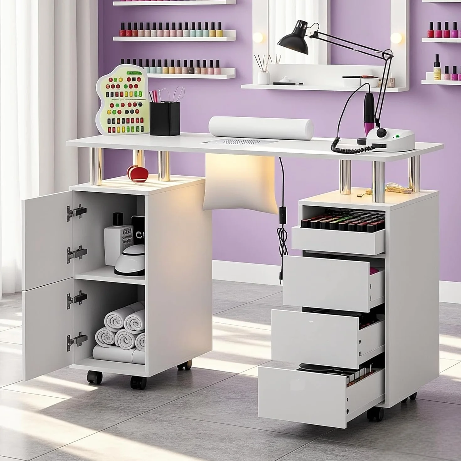 Mesa de Manicura para Uñas con Aspirador,8 Ruedas,3 Bolsas para Polvo, Reposamuñecas, 6 Cajones,Mesa Profesional para Artistas, tatuadores, Estudios y estética (Extra Grande Blanco)