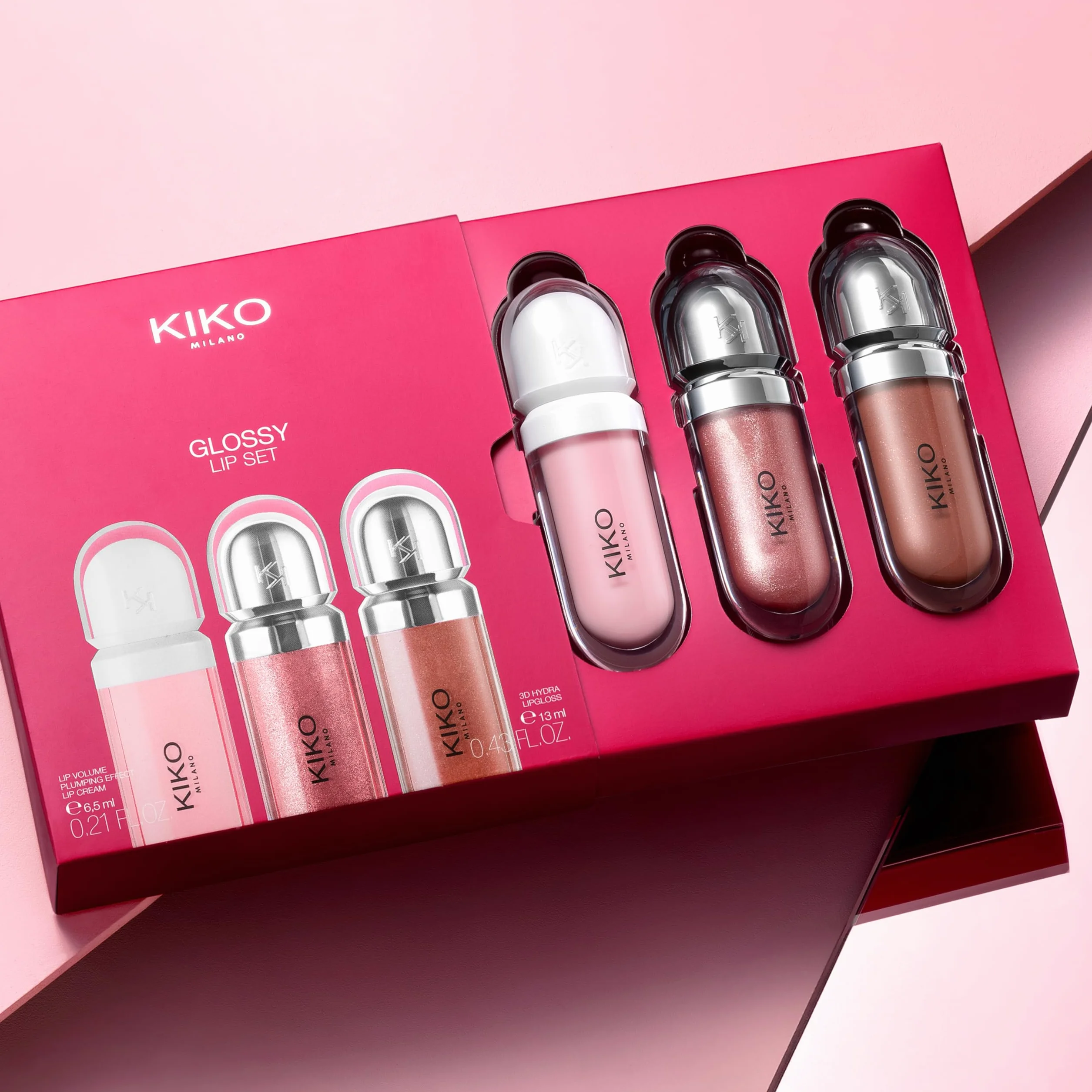 KIKO Milano Glossy Lip Set, 2 Hydrating Lip Glosses & 1 Perfecting Lip Cream
