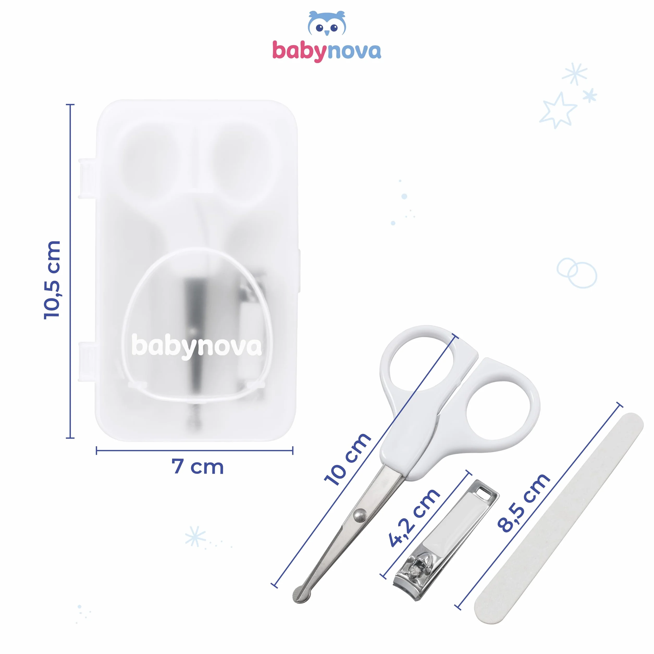 Babynova Set de Manicura para Bebés – Kit de Cuidado de Uñas Seguro con Tijeras de Punta Redondeada, Cortauñas y Lima, Caja de Almacenamiento Sin BPA