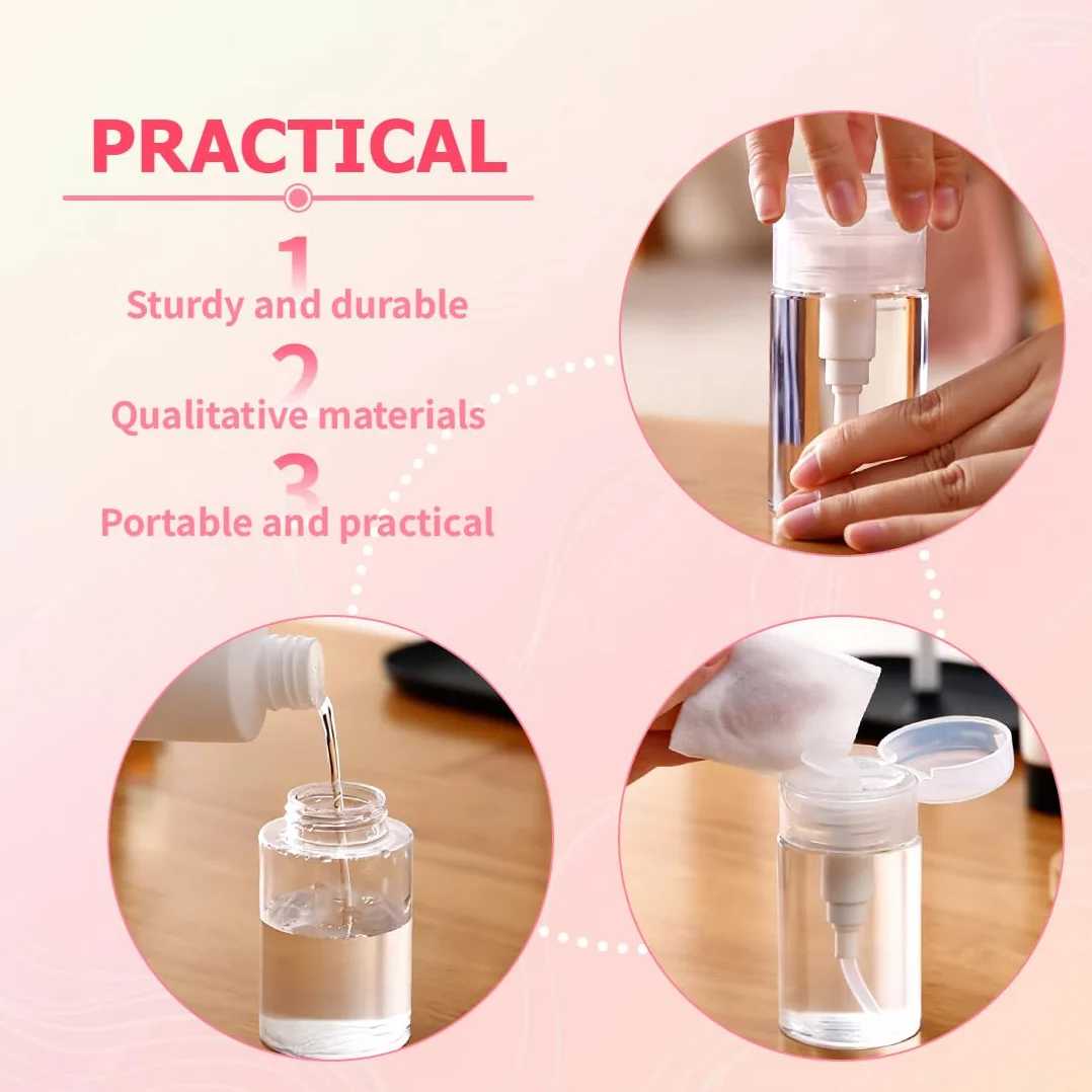 Botellas Dosificadoras 2x200ml +100pcs Almohadillas para Limpiar Uñas, Dispensador con Bomba para Líquidos Cosméticos