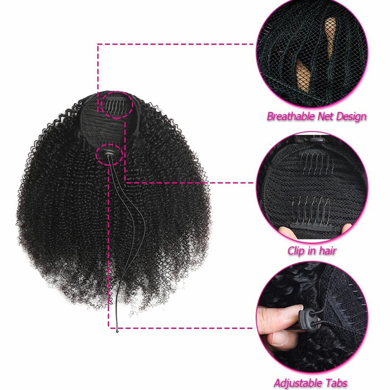 Piezas de Pelo de Moño Para mujer Cola de caballo con cordón de 10-28 pulgadas Cabello real Mongol Negro Rizado Cola de caballo Extensión del cabello Horquilla Peluca de cola de caballo Bollo de pelo