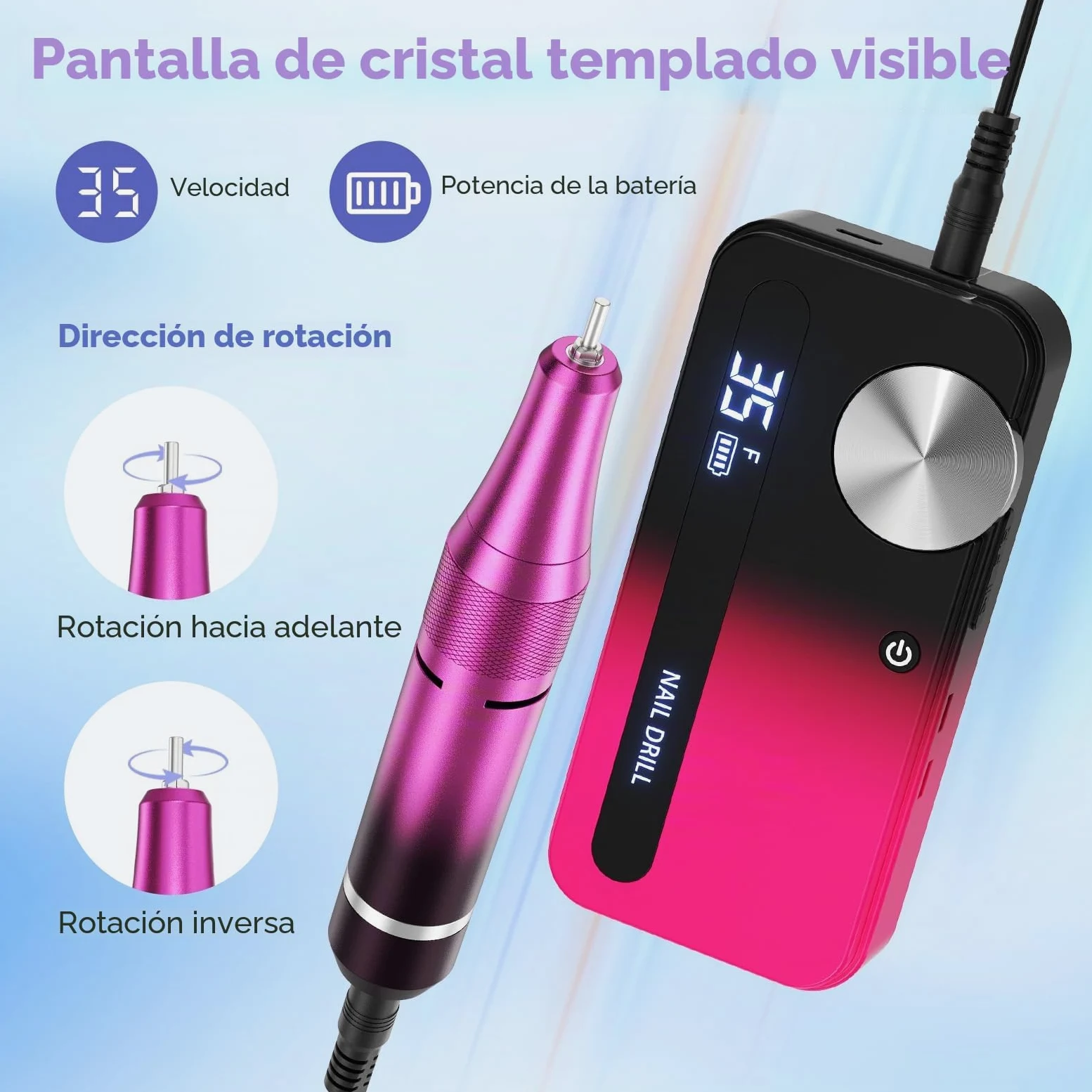 Taladro de uñas eléctrico con 12 accesorios de pulido y 30 bandas de lija, 0-35.000 rpm, set de manicura/pedicura para manicura y pedicura para cortar, limarlas, dar forma, cuidar las uñas y la