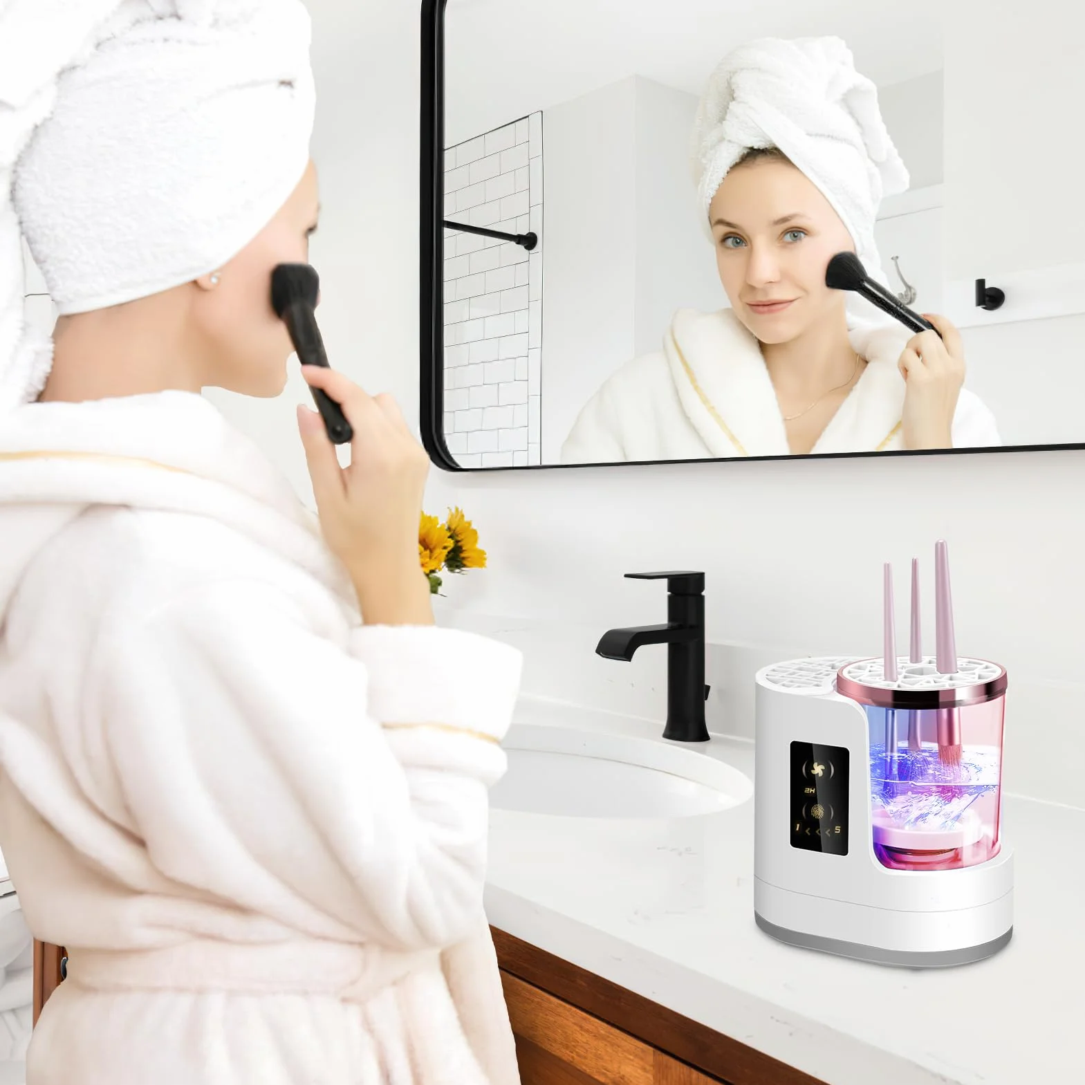 Limpiador automático de brochas de maquillaje 3 en 1 con secado y almacenamiento