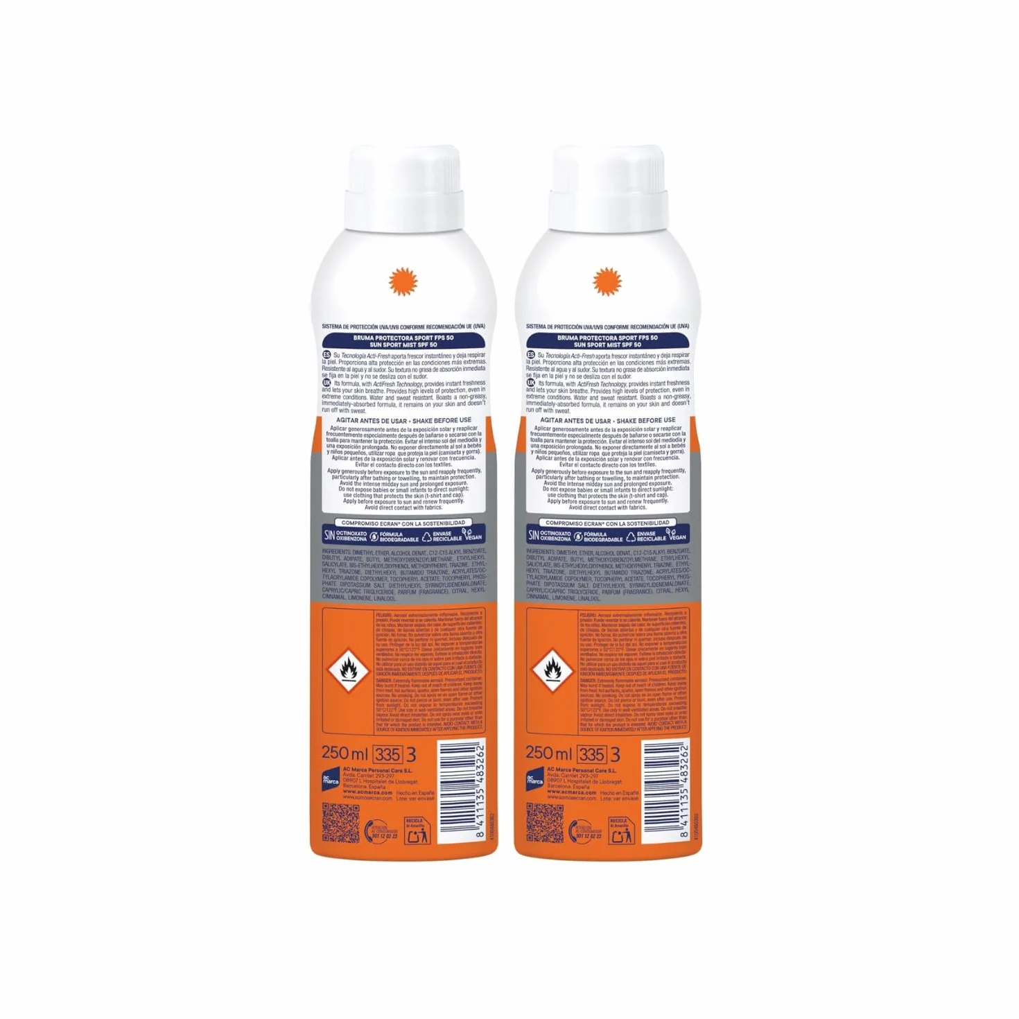 Sunnique Sport Protector Solar SFP 50 Alta Protección UVB UVA Resistente al Agua Pack 2 x 250 ml