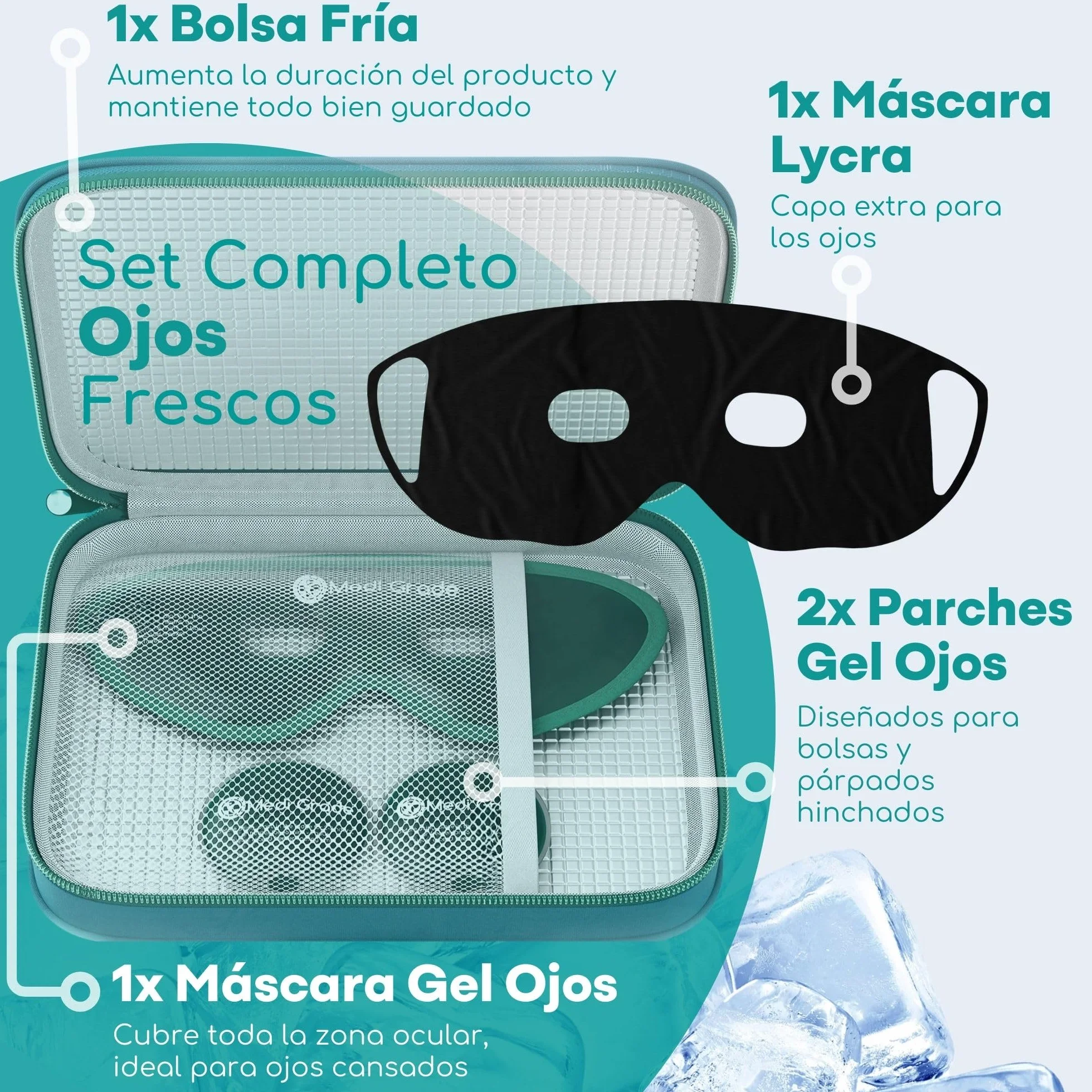 Medi Grade Antifaz de Gel Frío Reutilizable para Ojos, 2 Parches y Neceser
