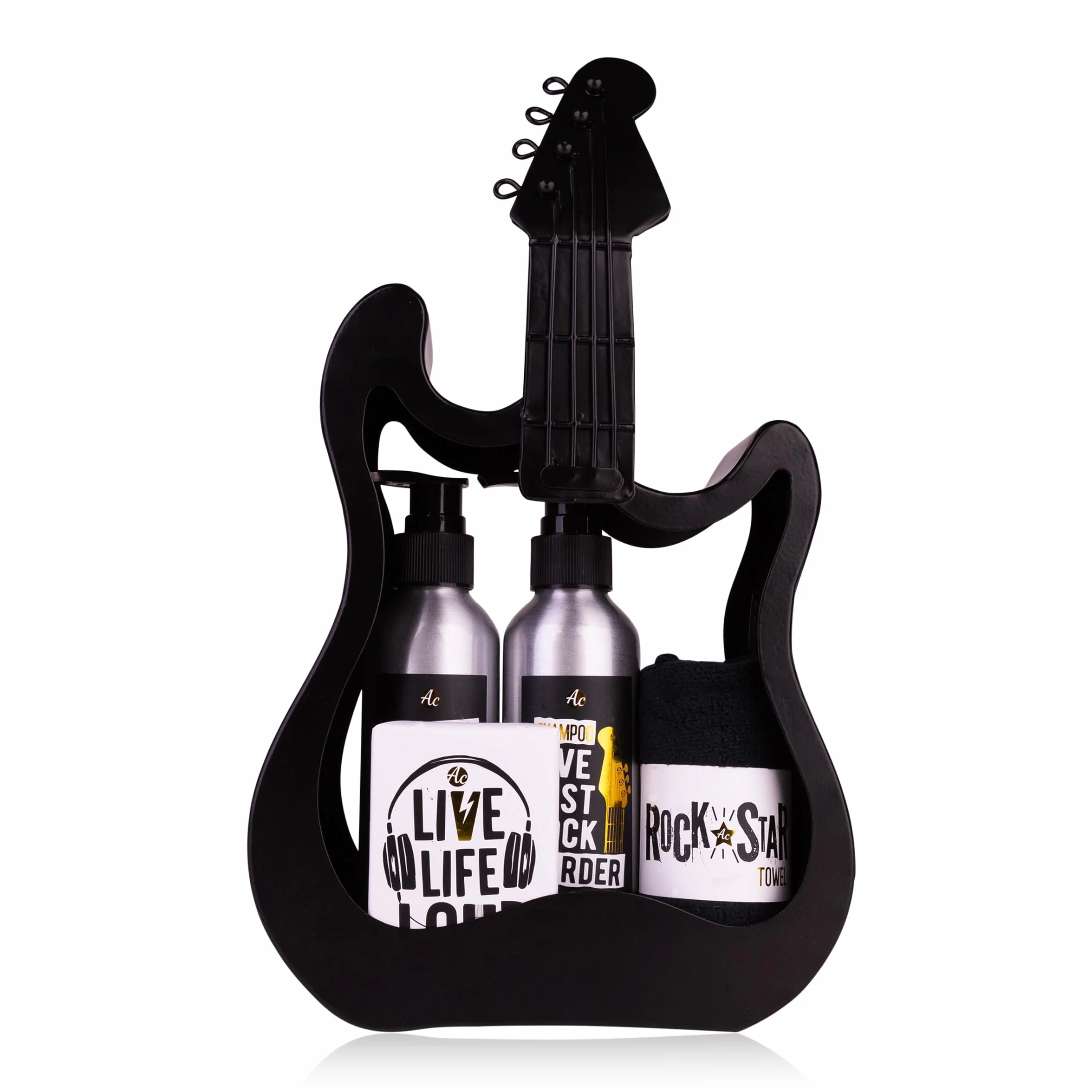 Set de regalo Accentra ROCKSTAR cuidado personal guitarra metálica negra gel ducha champú jabón toalla