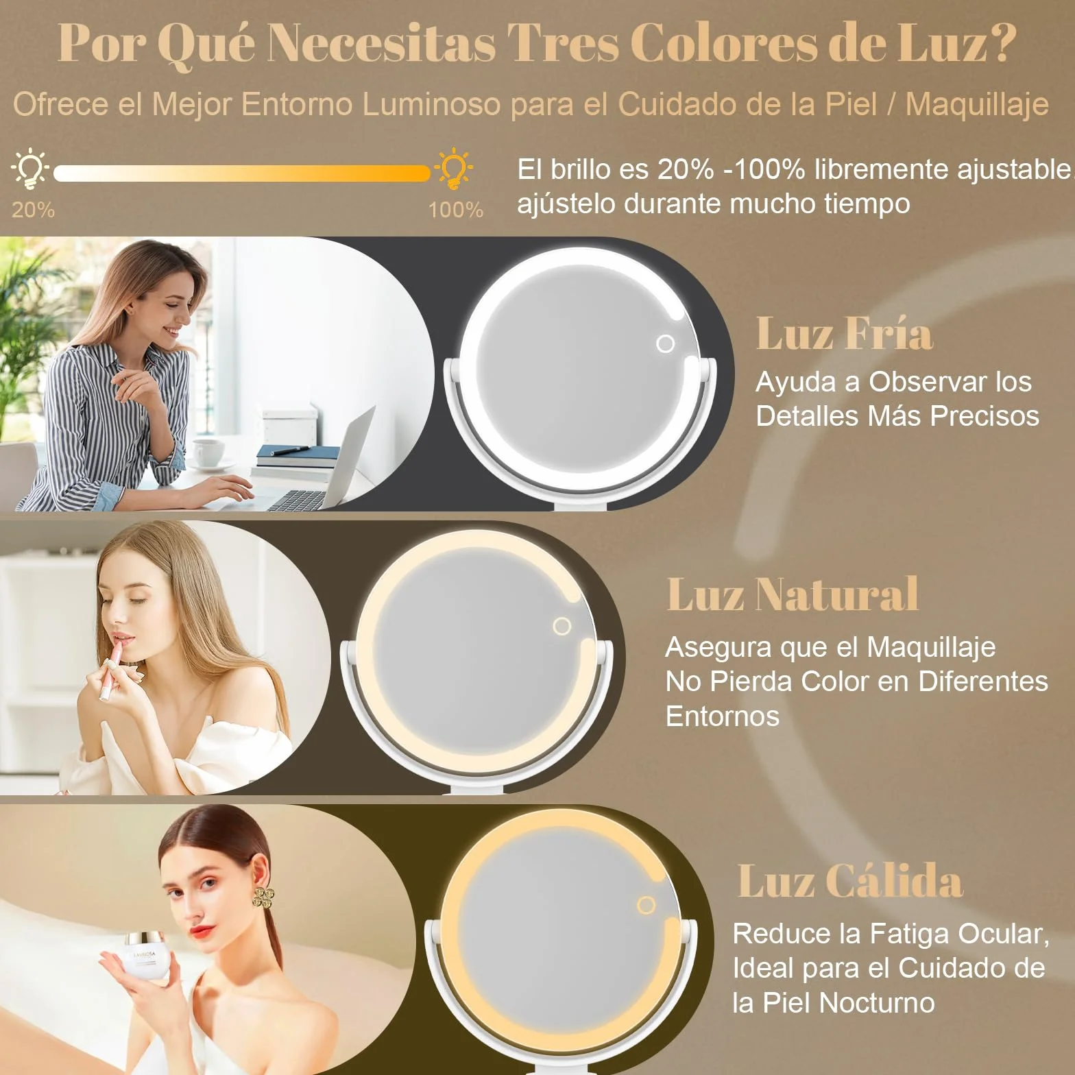 Espejo de Maquillaje Luminoso con Ventosa Potente, 20 Aumentos, Ajustable en Intensidad y Altura 25 cm