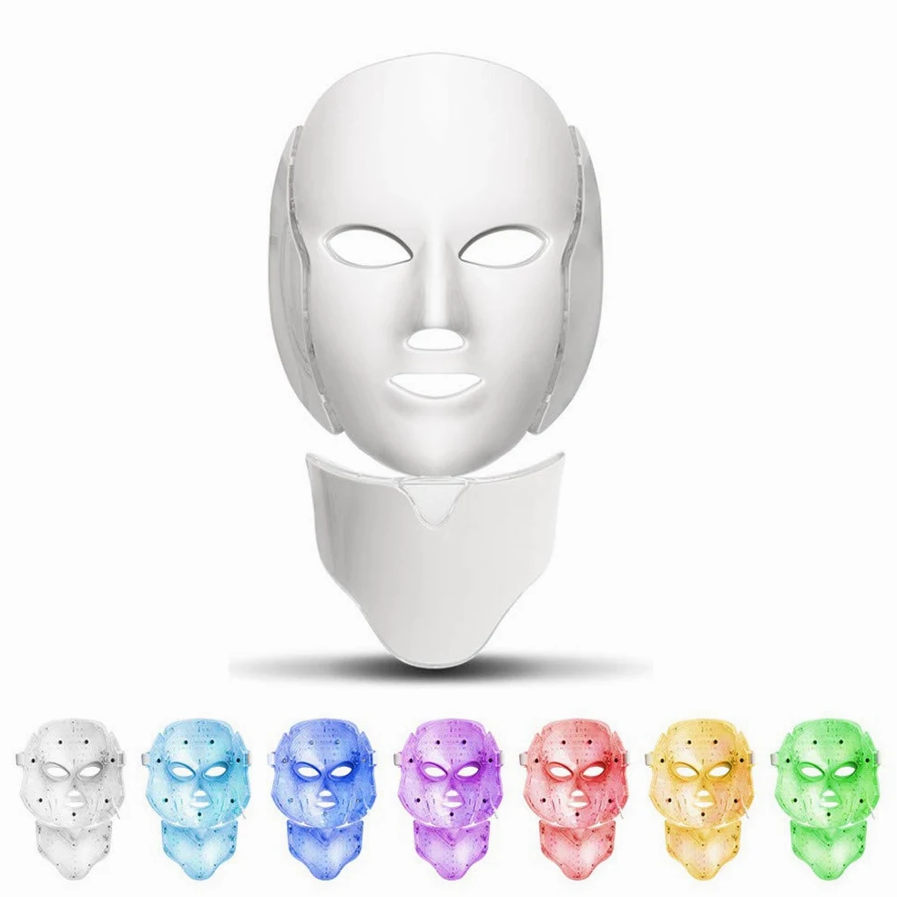 7 Color LED Máscara Light Therapy LED Máscara Photon Con Cuello Máscara Facial De Cuello LED EMS Micro Corriente Antiarrugas Anti Acné Rejuvenecimiento De La Piel Máquina De Belleza