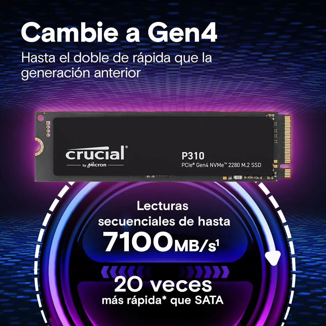 Crucial P310 SSD 1TB PCIe Gen4 NVMe M.2 2280, hasta 7.100 MB/s, Disco Interno