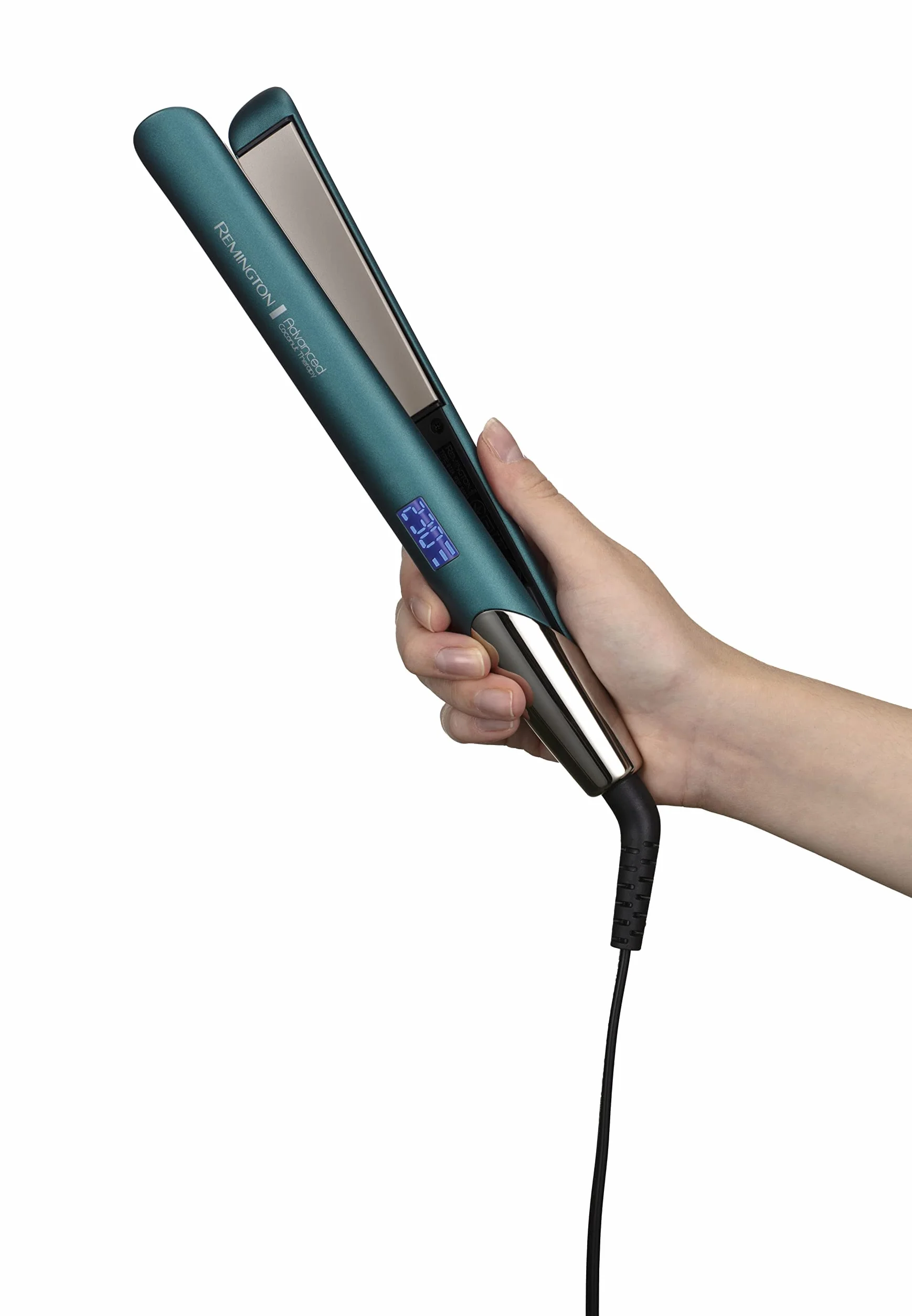Remington Plancha de Pelo Advanced Coconut Therapy, Cerámica Avanzada con Coco y Filtros UV, Placas Flotantes Extralargas, 5 Temperaturas hasta 230°C, Digital, S8648, Verde