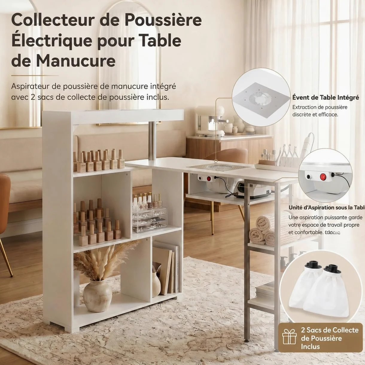 Caldion Mesa de cuidado de uñas con aspiradora, 7 estantes, mesa de manicura, con gran espacio de almacenamiento, mesa de trabajo de salón, mesa de cuidado de uñas, mesa de uñas con aspiradora, 110 x
