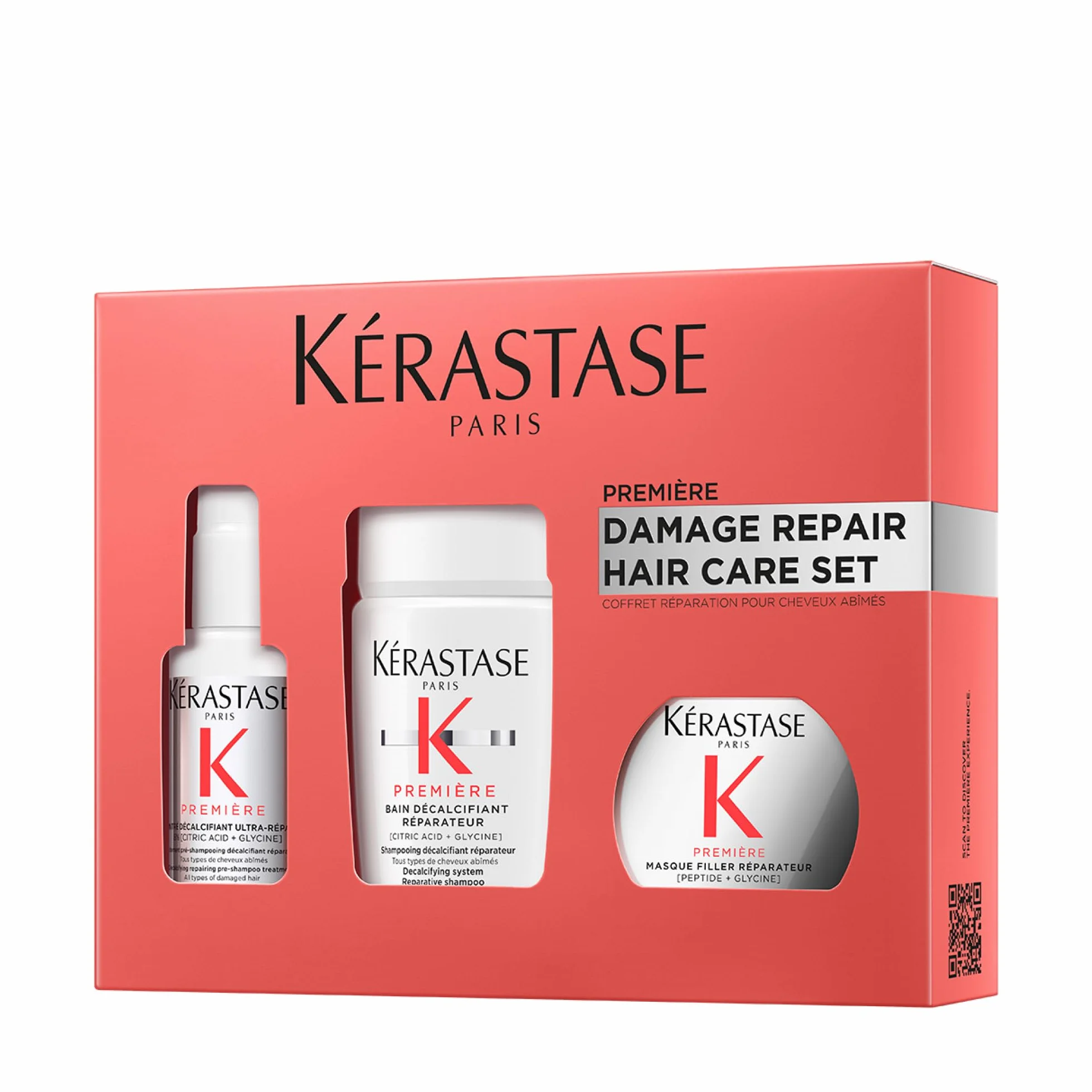 Kérastase Première rutina cuidado cabello dañado pre-champú champú mascarilla Concentré Décalcifiant Ultra-Réparateur Bain Décalcifiant Rénovateur Masque Filler Réparateur