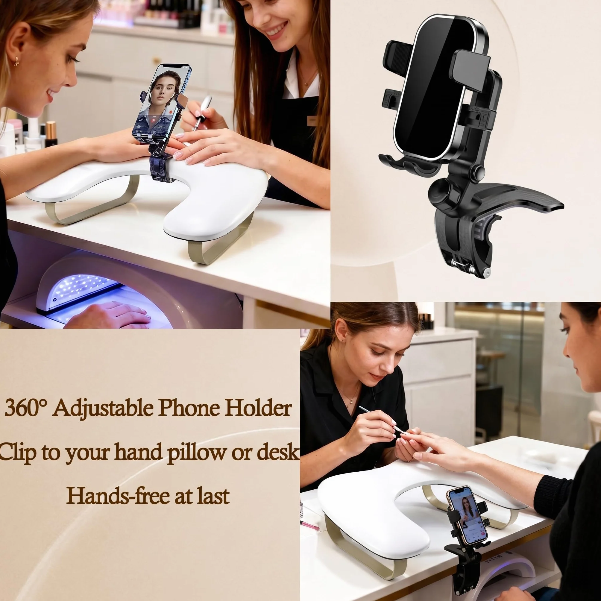 Reposabrazos para uñas con soporte para teléfono: plegable/ajustable/giratorio de 360° - Reposabrazos en forma de U para uñas con reposapiés curvado dorado - Reposamanos de ángulo de inclinación de 45