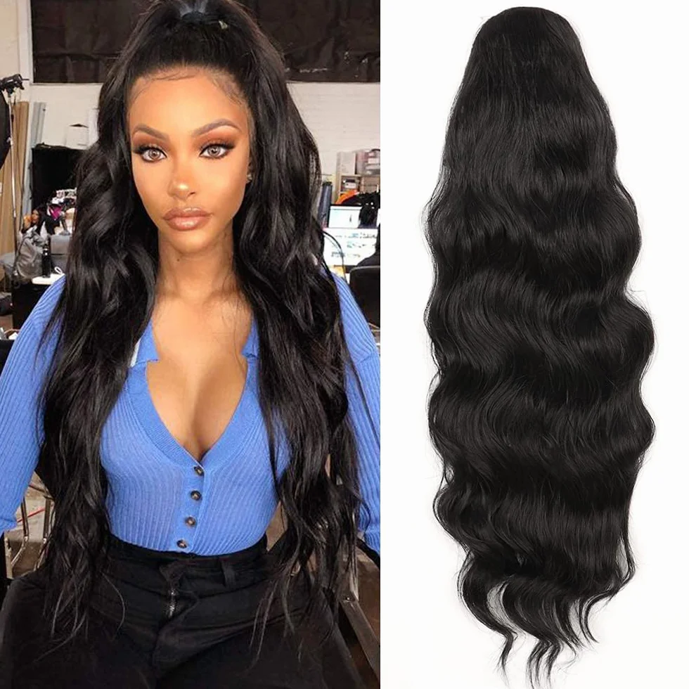 Peluca de cola de caballo ondulada larga para mujeres negras, extensión de cabello sintético con cordón clip