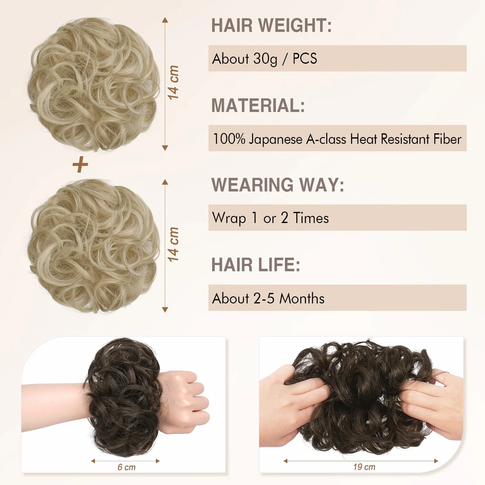 Moños Postizos con Goma Voluminoso Ondulado Sintética Donut Moño Extensiones para Mujer Rubio Ceniza Claro