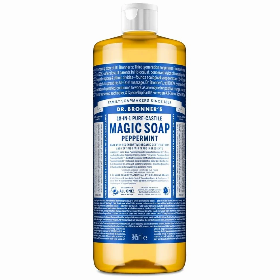 Dr Bronner's - Jabón líquido 18 en 1 de menta pura, fabricado con aceites orgánicos, utilizado para cara, cuerpo, cabello, lavandería, mascotas y platos, certificado de comercio justo y apto para