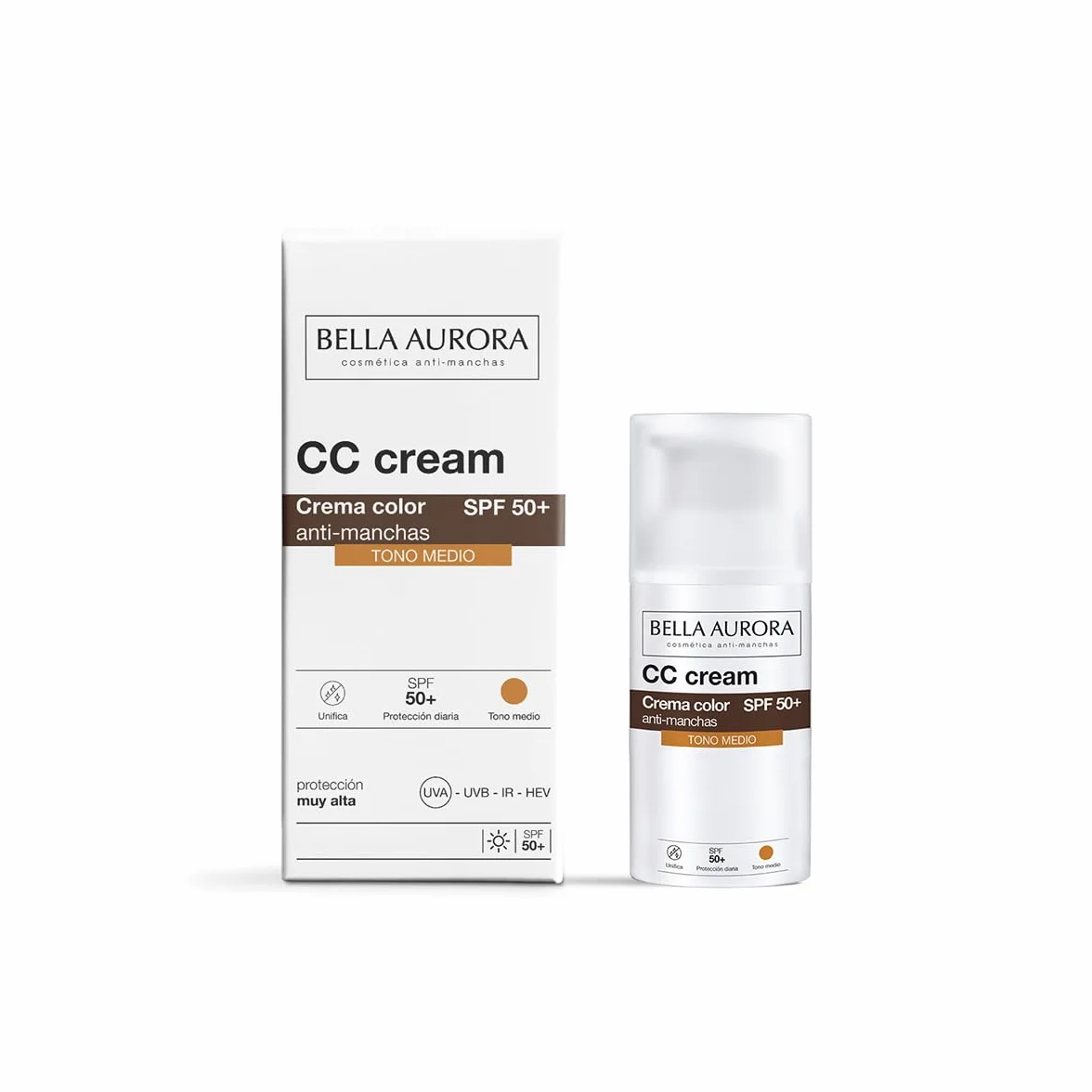 Bella Aurora CC Cream Antimanchas SPF 50+ Tono Medio 30 ml Protector Solar Facial con Color