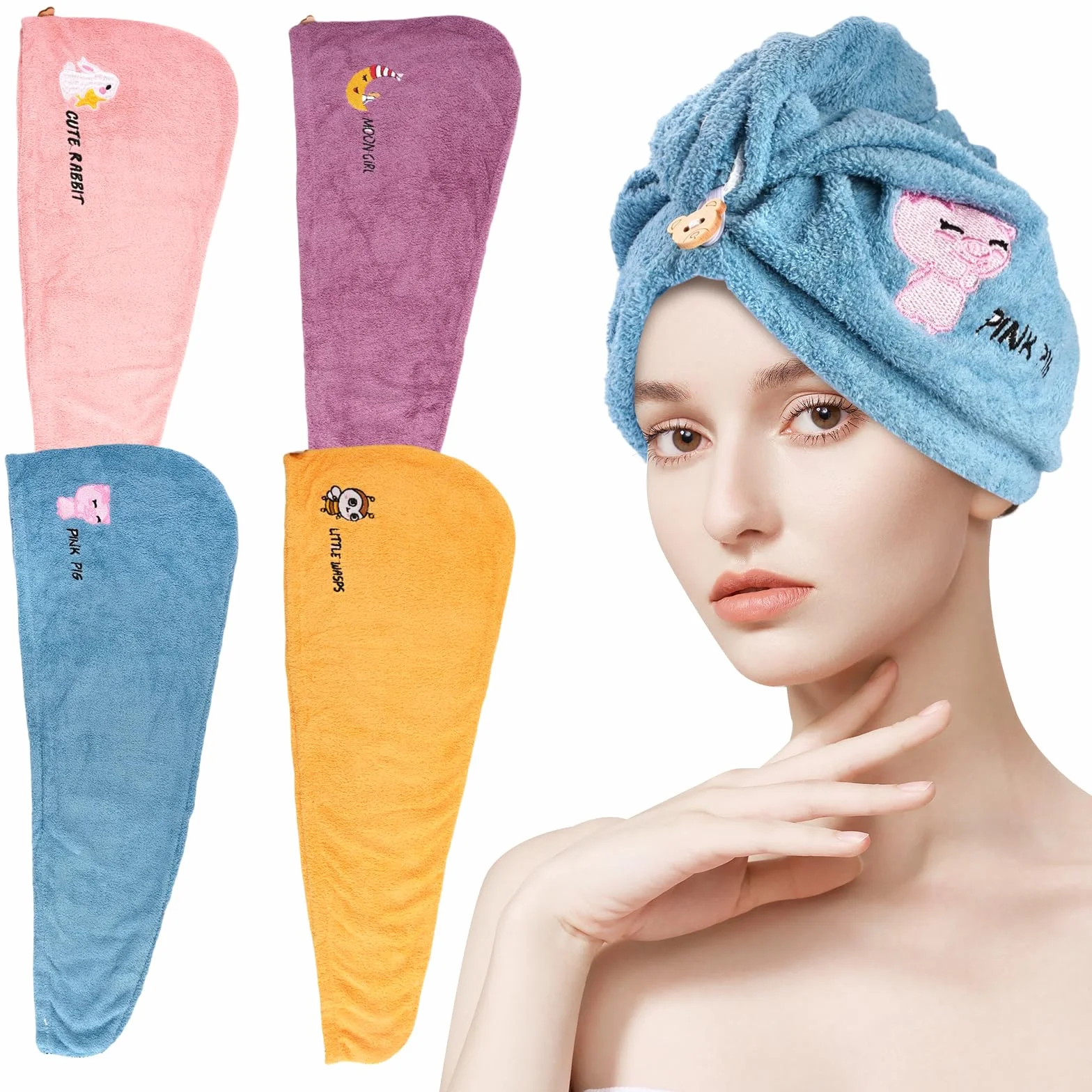 Toalla Microfibra Pelo Superabsorbente Secado Rápido 65x25 cm Turbante con Botones Anti Frizz Mujer