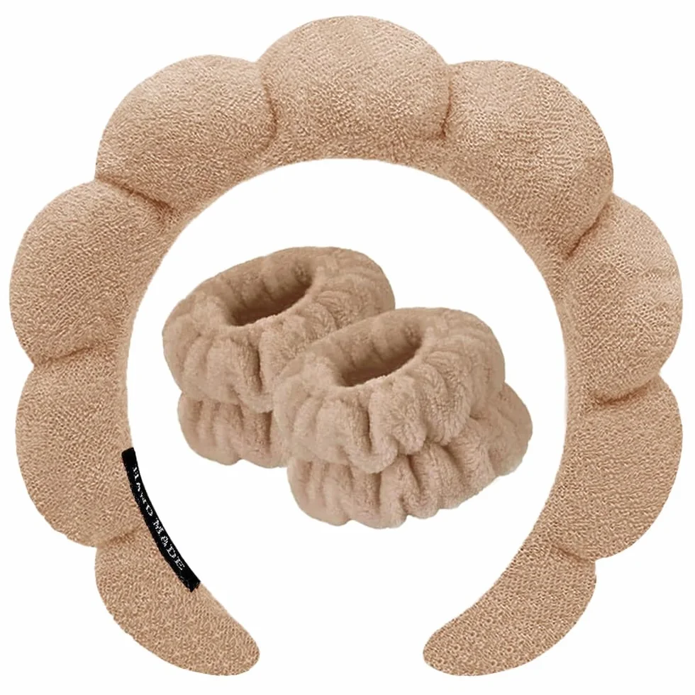 DRESHOW Diadema Spa para Lavarse la Cara Set de Muñequeras Esponja de Rizo Suave Maquillaje Cuidado de la Piel