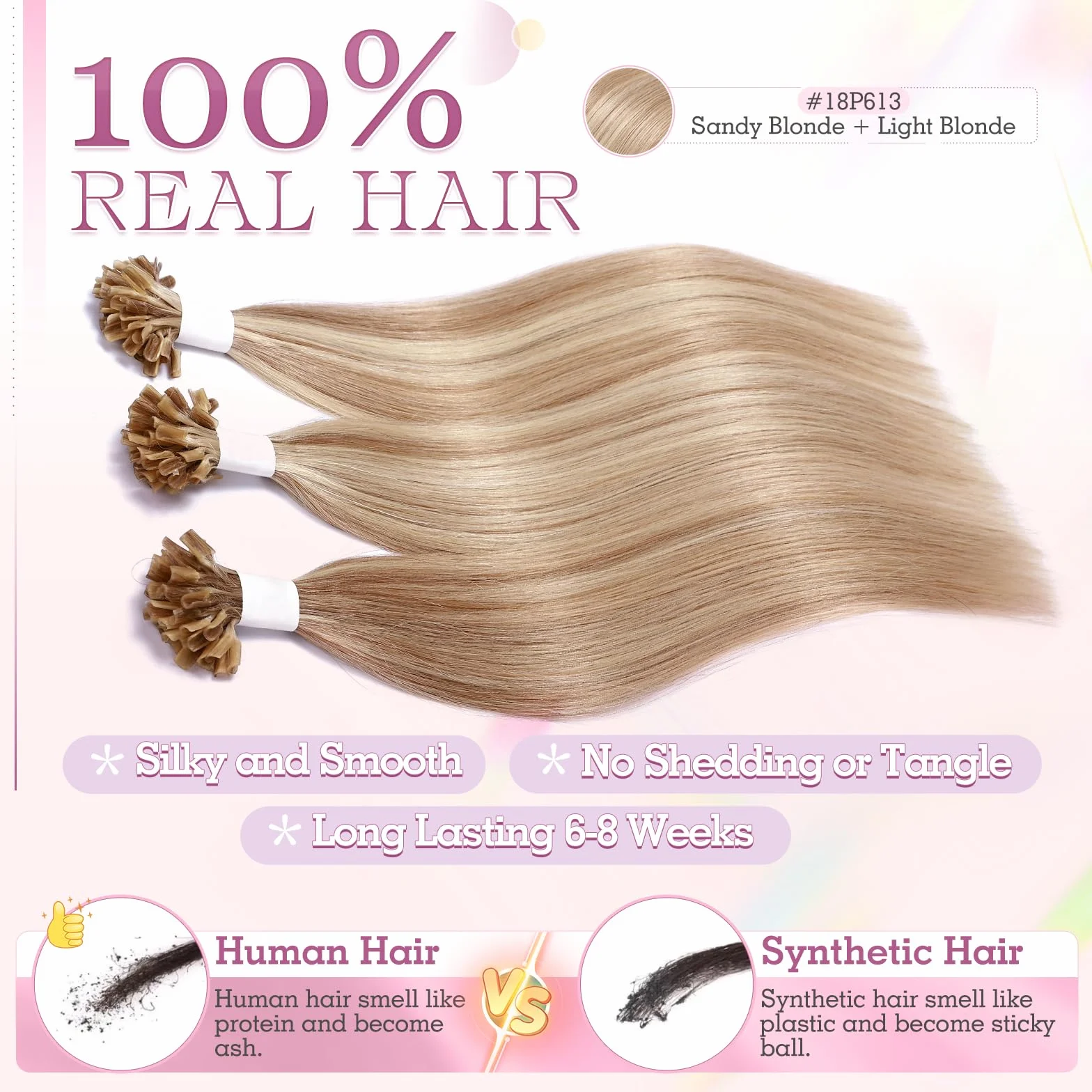 Elailite Extensiones Queratina Pelo Natural sin Clip Ash Rubio Mecha Rubio Muy Claro, 25 Mechas 25g U Tip Keratin Cabello Humano 40cm