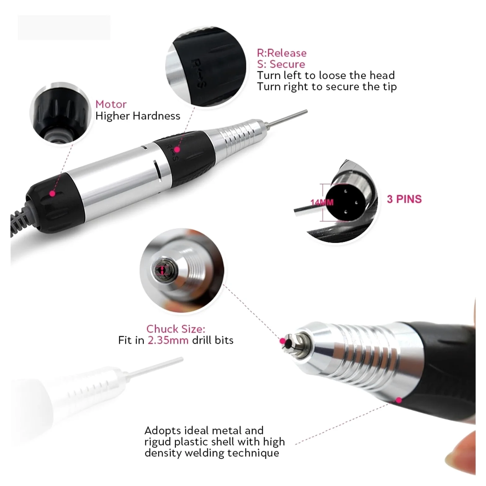 Torno para Uñas, Taladro eléctrico for uñas de 30000RPM, lima maestra de uñas for manicura, fresadora portátil for uñas, juegos de fresas(Nero)