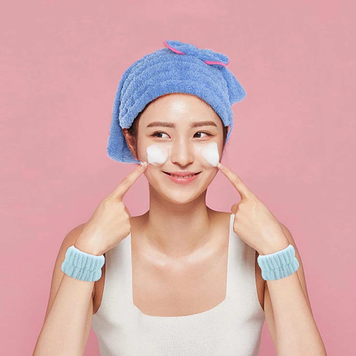 MEMOFYND Toallas para el Cabello de Microfibra, Gorro para el Cabello Seco, Muñequeras para Lavado de Cara (Azul, Rosa)
