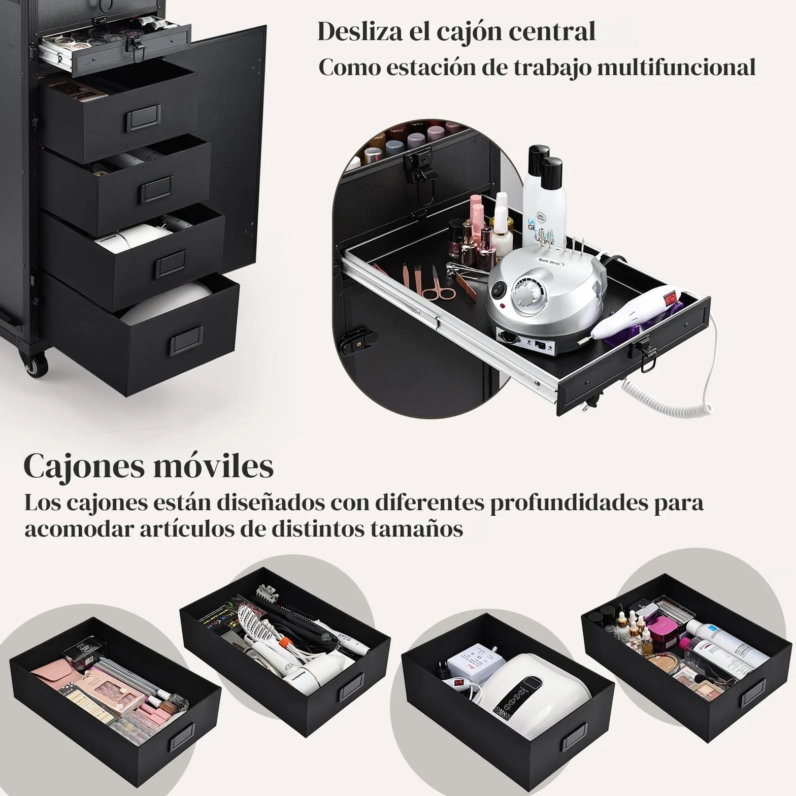 Maleta de Maquillaje con Mesa y 5 cajones Maletín de Maquillaje Profesional con Ruedas Caja Maquillaje Maleta Peluquería Grande Mesa de Manicura móvil Trolley Maquillaje, Negro