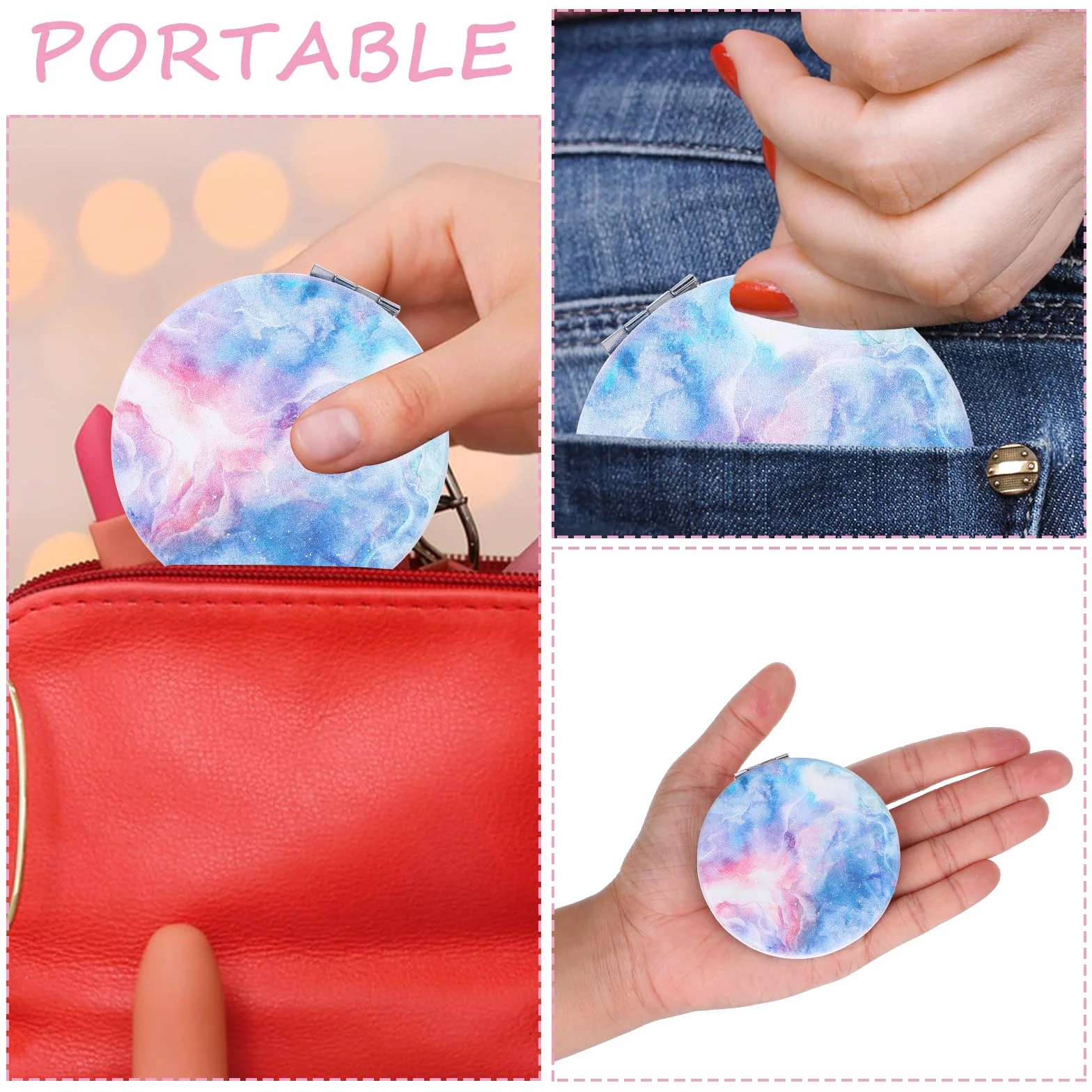 Dimeho Espejo plegable compacto colorido mini espejo cosmético con aumento portátil redondo maquillaje viaje doble cara (azul)