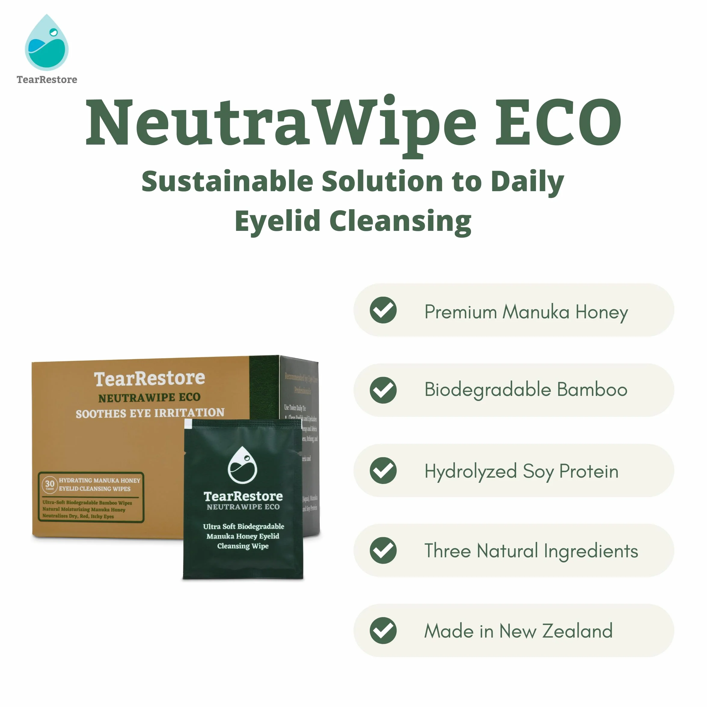 TearRestore NeutraWipe Toallitas para párpados hipoclorosos. Limpiador de pestañas hipoalergénico natural para ojos secos, rojos, picazón, hinchados e irritados, (30 unidades)