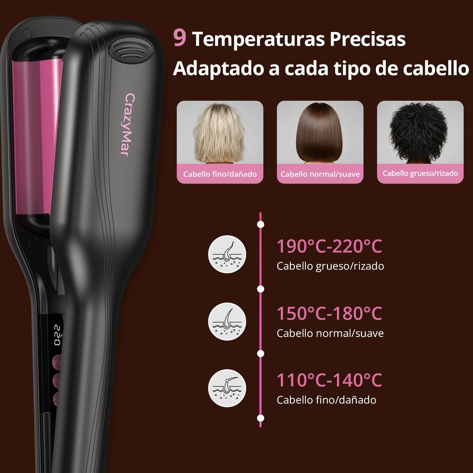 CrazyMar Rizador de Pelo Ondas, 25mm Plancha Ondas Surferas-Calentamiento Rápido 15s, Ondulador de Pelo Iónico con 9 Temperaturas + 4 Temporizadores, Fijación 24h y Antiquemaduras, Pantalla LED