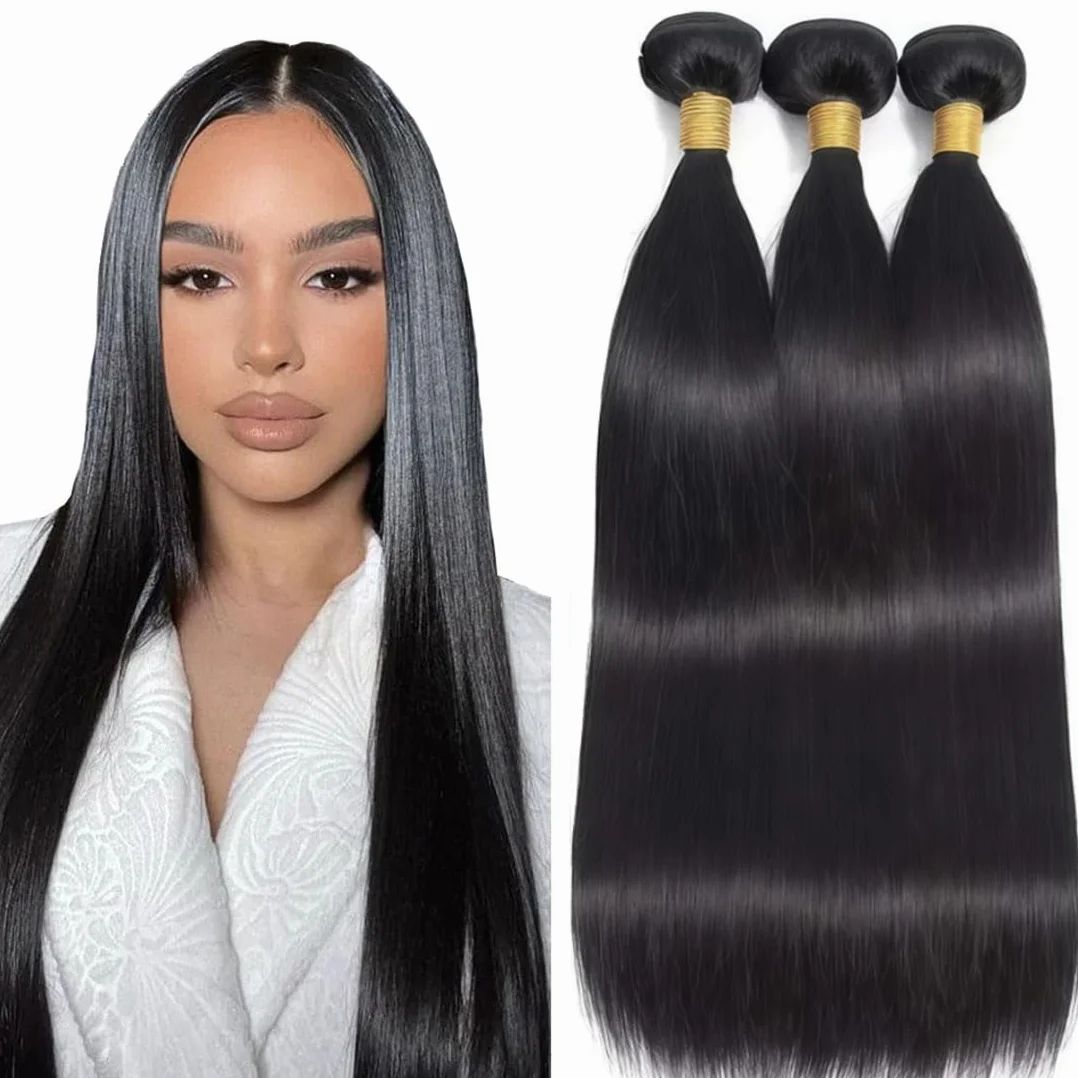 Extensiones de pelo humano sin procesar, extensiones de pelo humano Remy doble trama #1B, color negro natural, 3 paquetes por paquete, total 150 g, 24, 26, 28 pulgadas