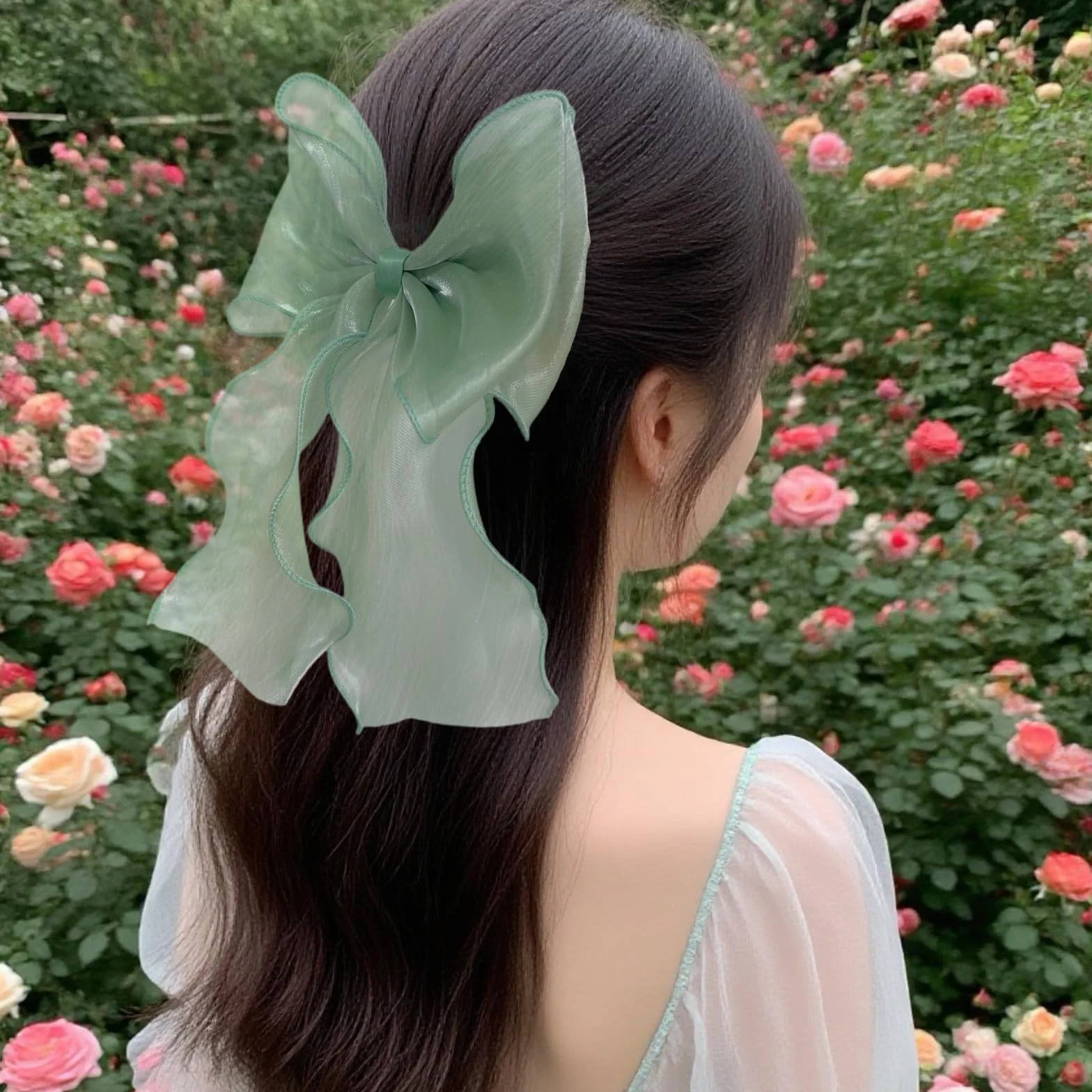 Pinza de pelo sedosa con gran lazo para mujer, clip francés para cabello (Verde-1)