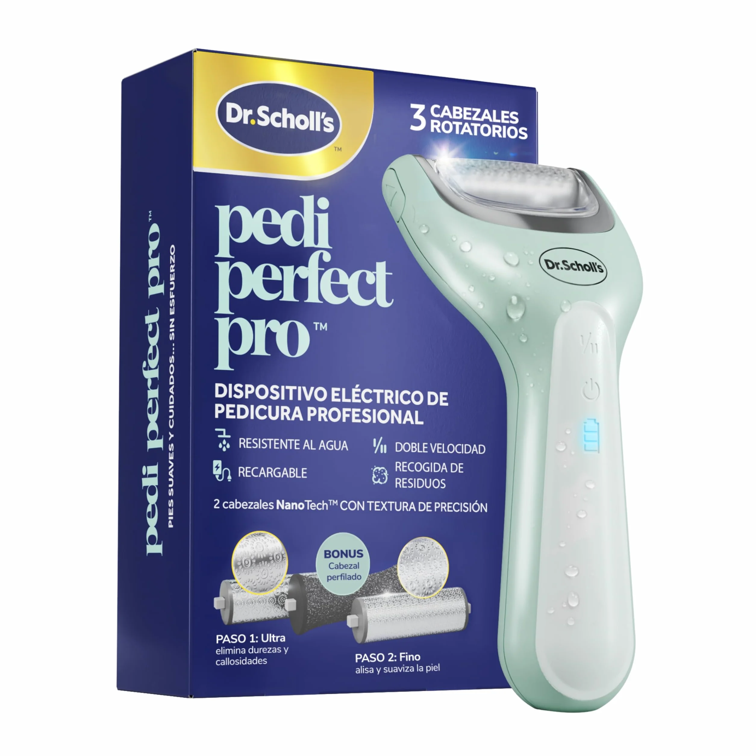 Dr. Scholl's Pedi Perfect Pro Pedicura Eléctrica Profesional Elimina Callos y Durezas, Lima Eléctrica Recargable Impermeable, 3 Cabezales