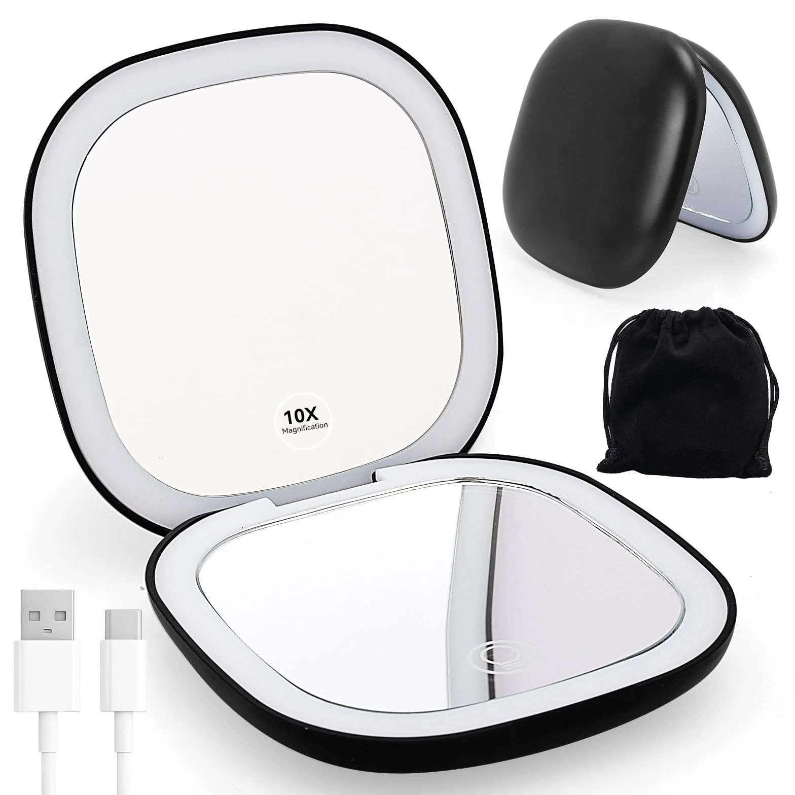 Espejo Compacto con Aumento 1X/10X, Plegable de Viaje, Doble Cara, Pantalla Táctil 3 Colores Brillo Ajustable